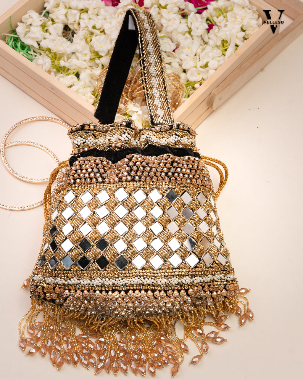 Zehra Mirror Embellished Fringe Potli Bag