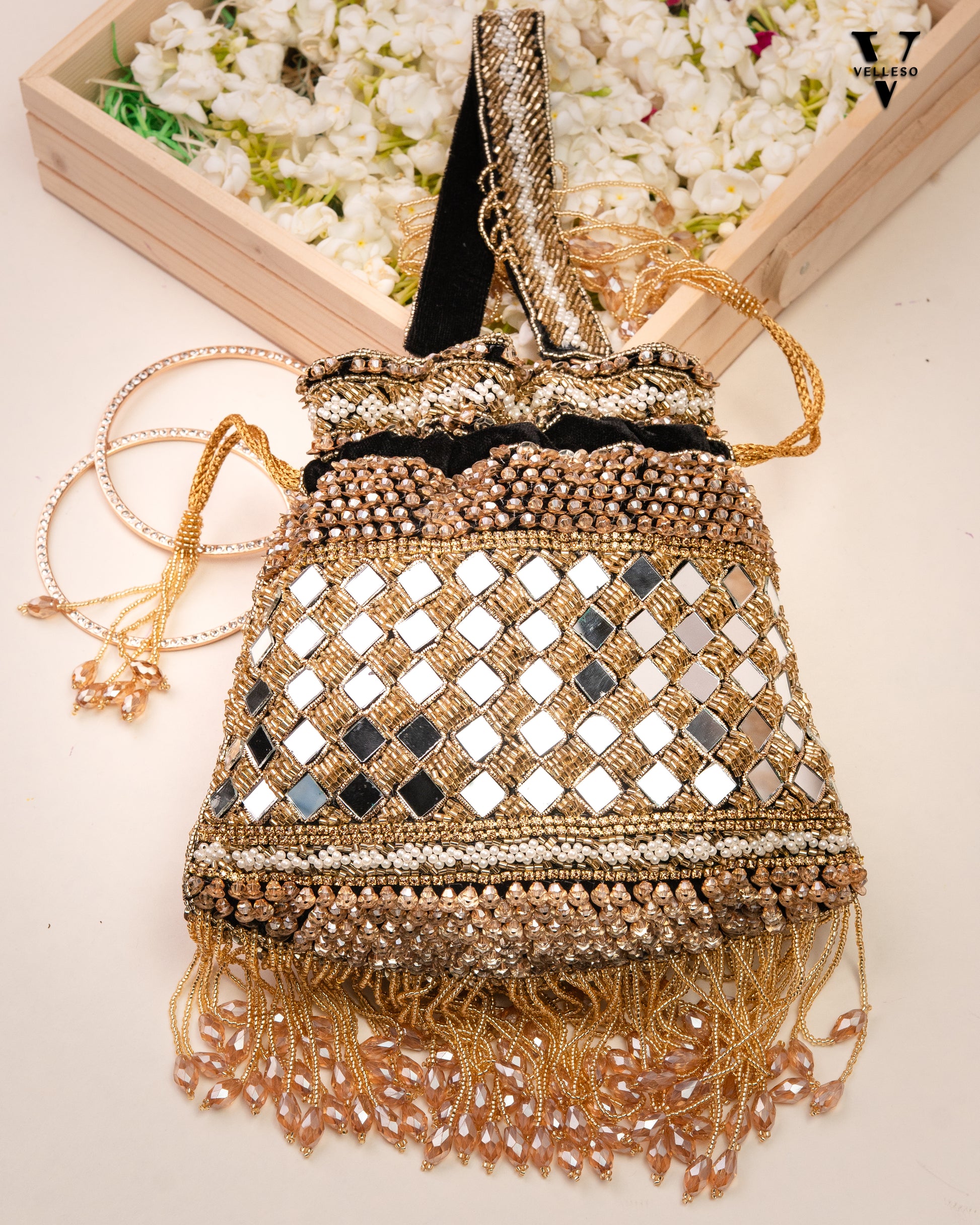 Zehra Mirror Embellished Fringe Potli Bag