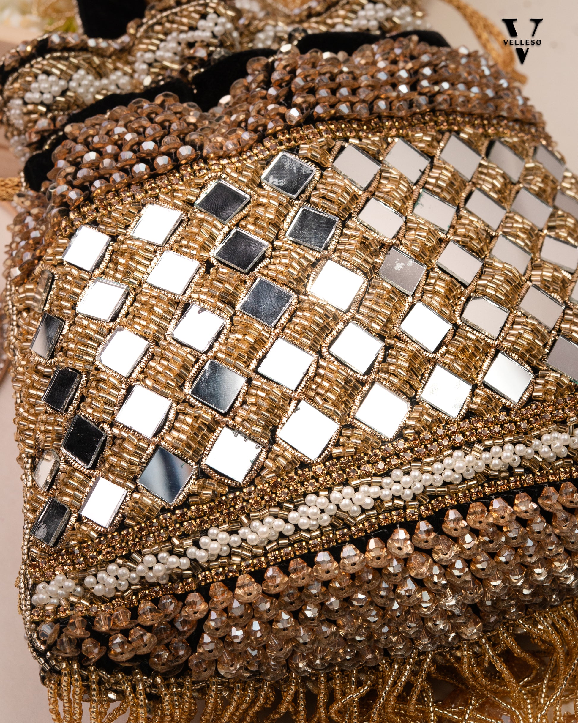 Zehra Mirror Embellished Fringe Potli Bag