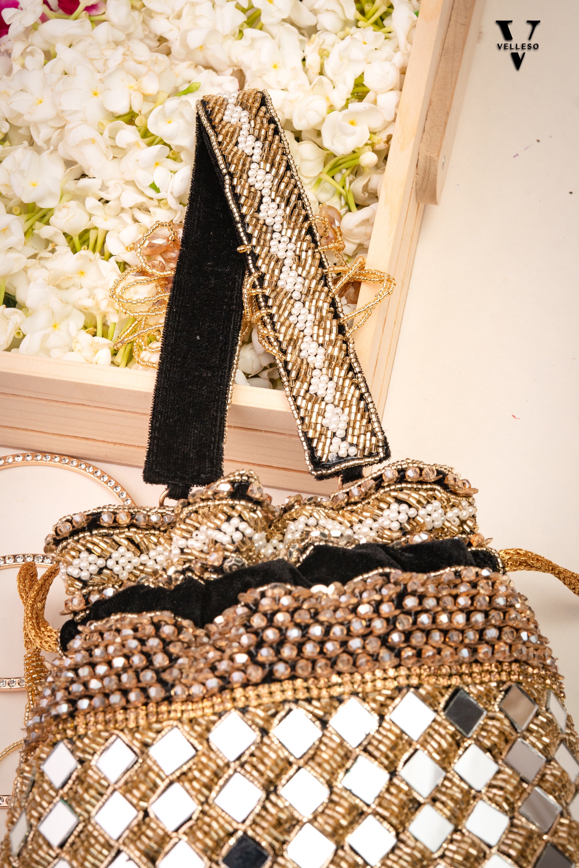 Zehra Mirror Embellished Fringe Potli Bag