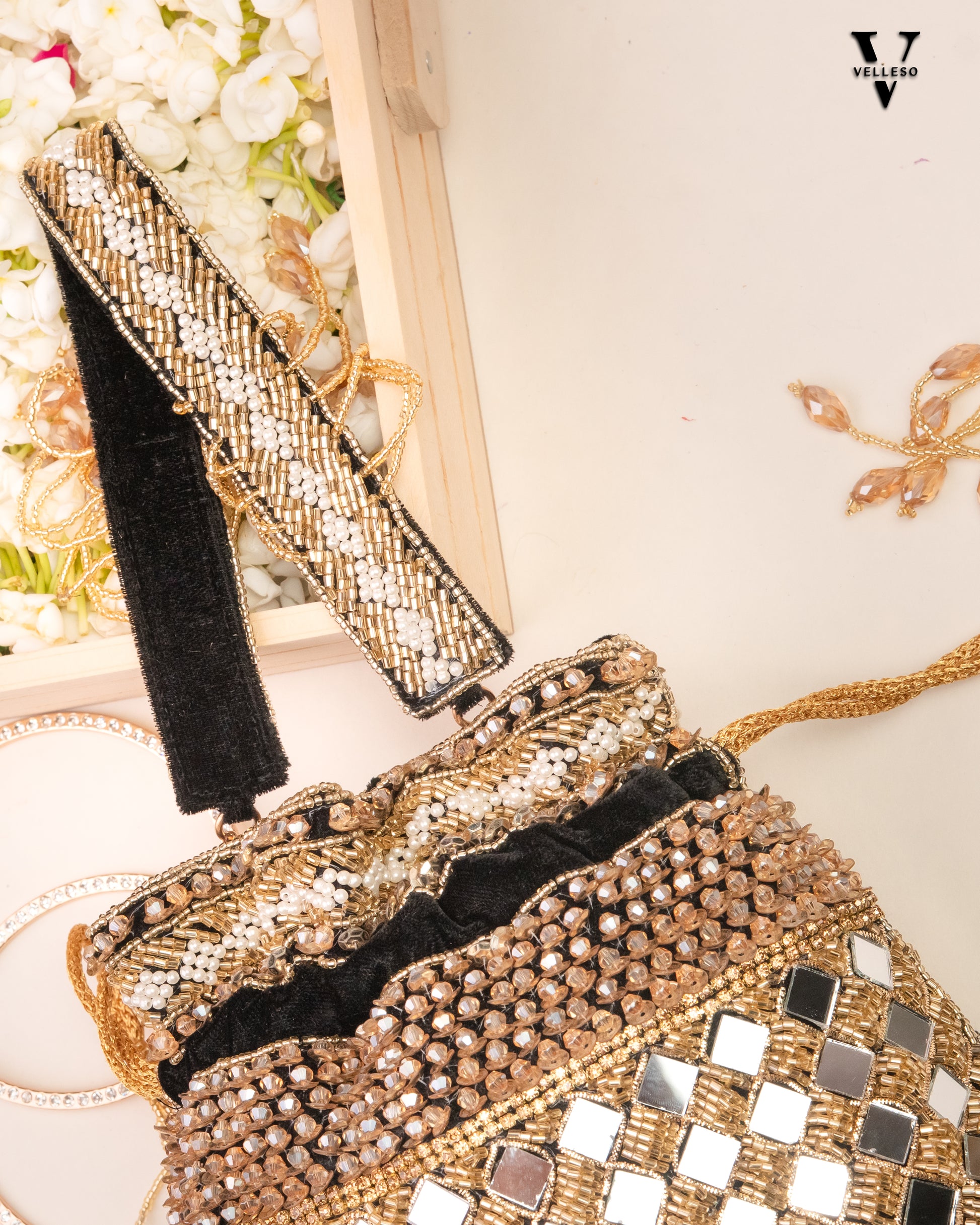 Zehra Mirror Embellished Fringe Potli Bag