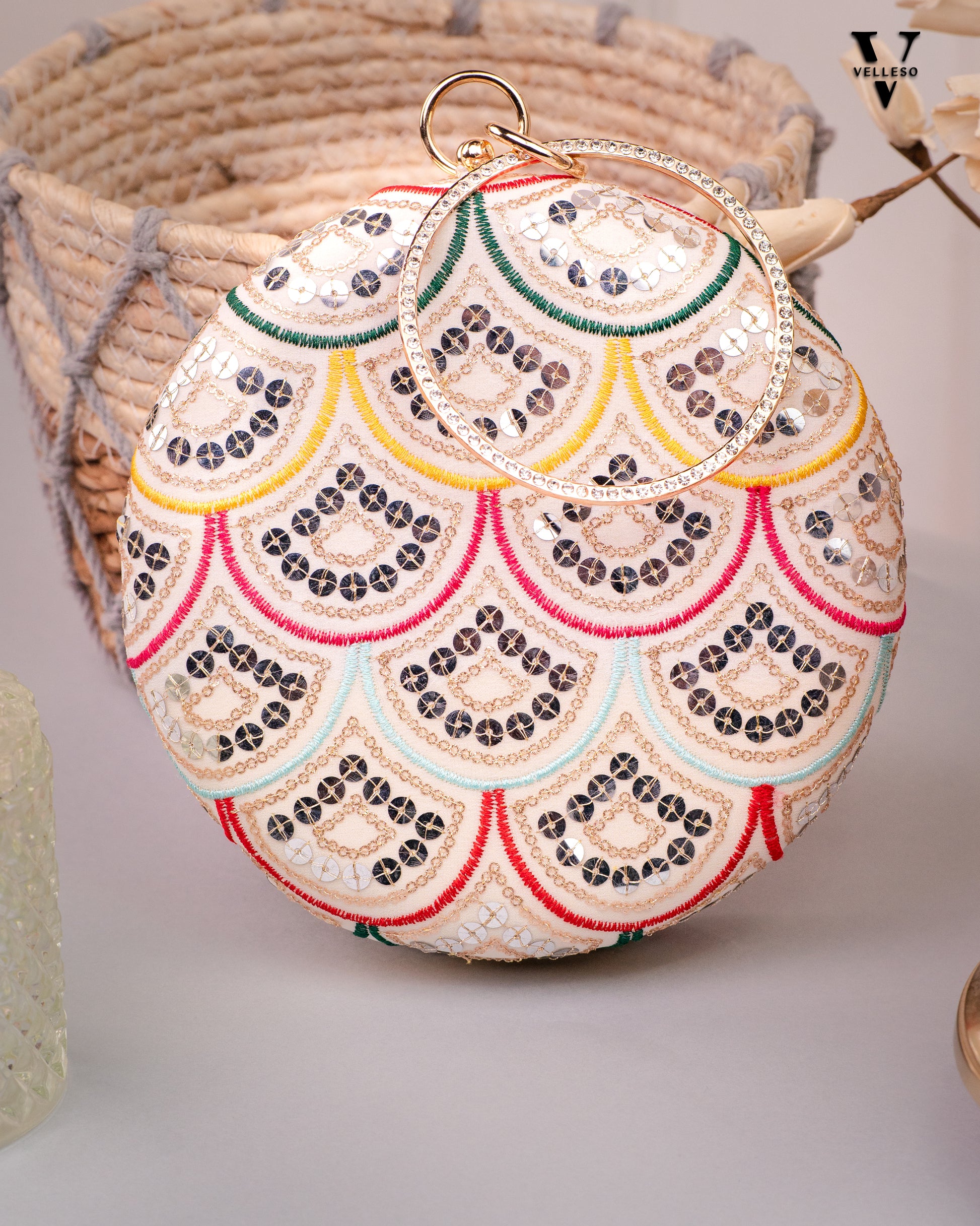 Noorani Round Embroidered Mirror Clutch with Bangle Handle