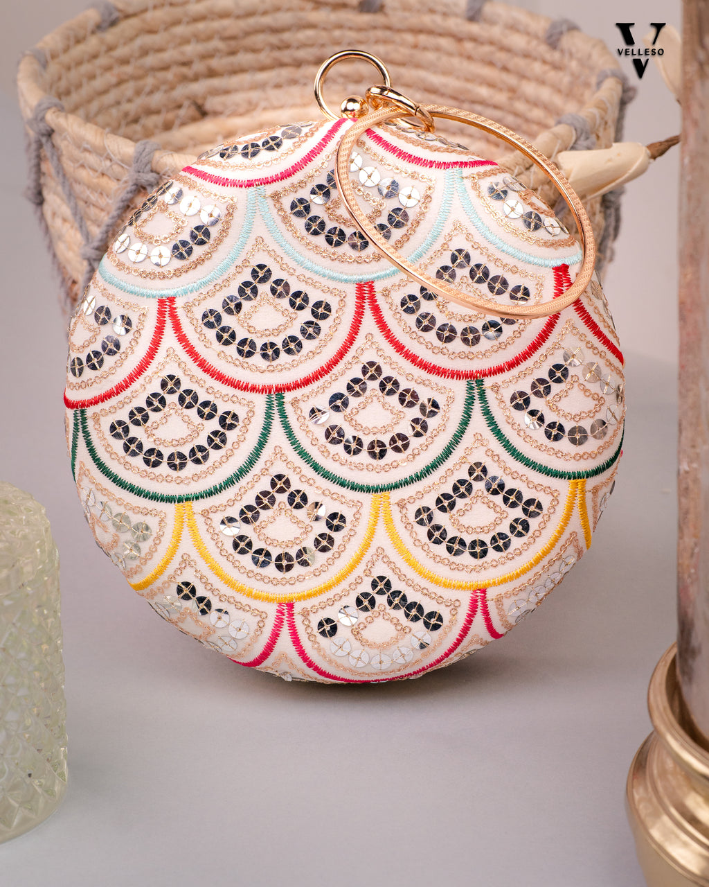 Noorani Round Embroidered Mirror Clutch with Bangle Handle
