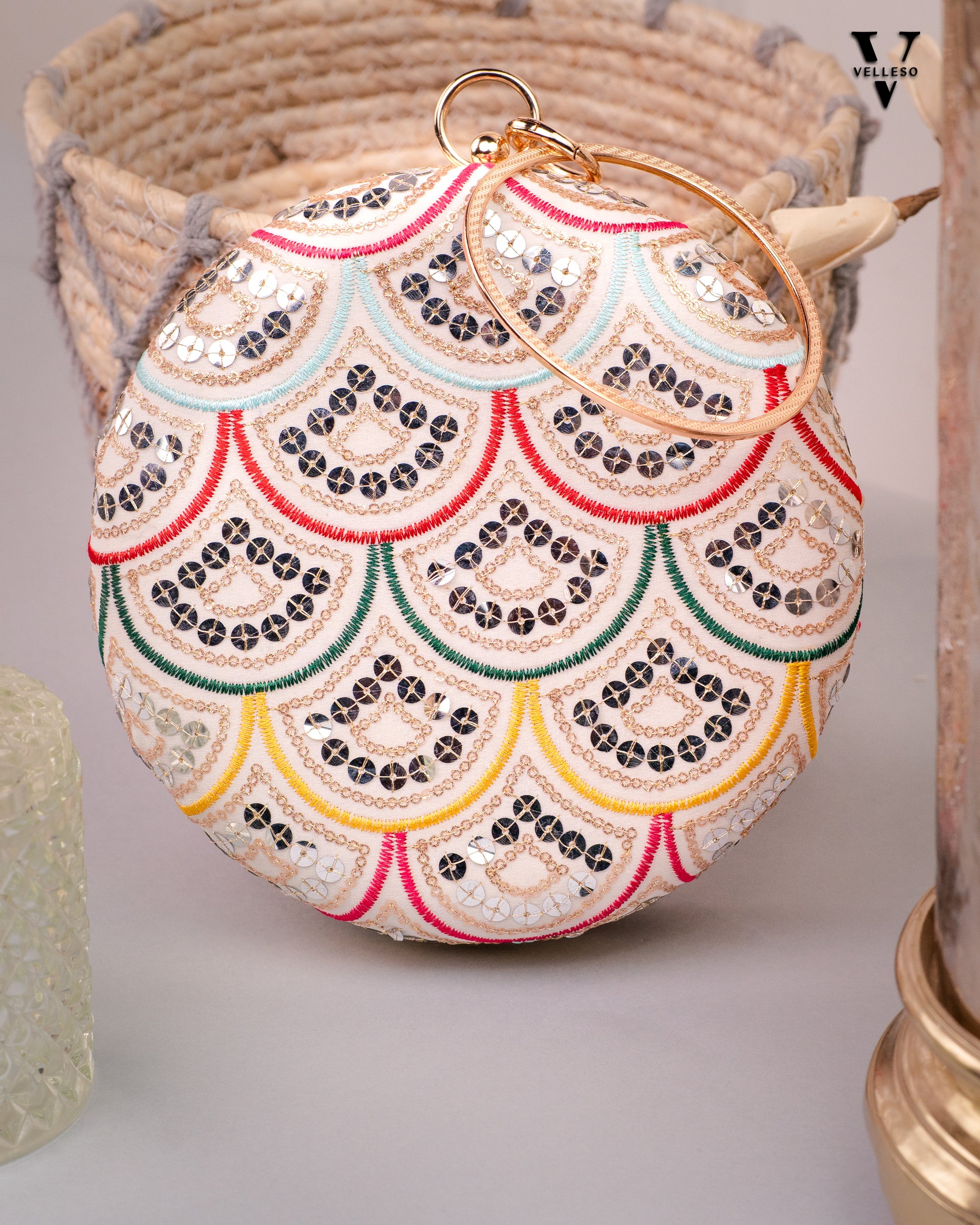 Noorani Round Embroidered Mirror Clutch with Bangle Handle