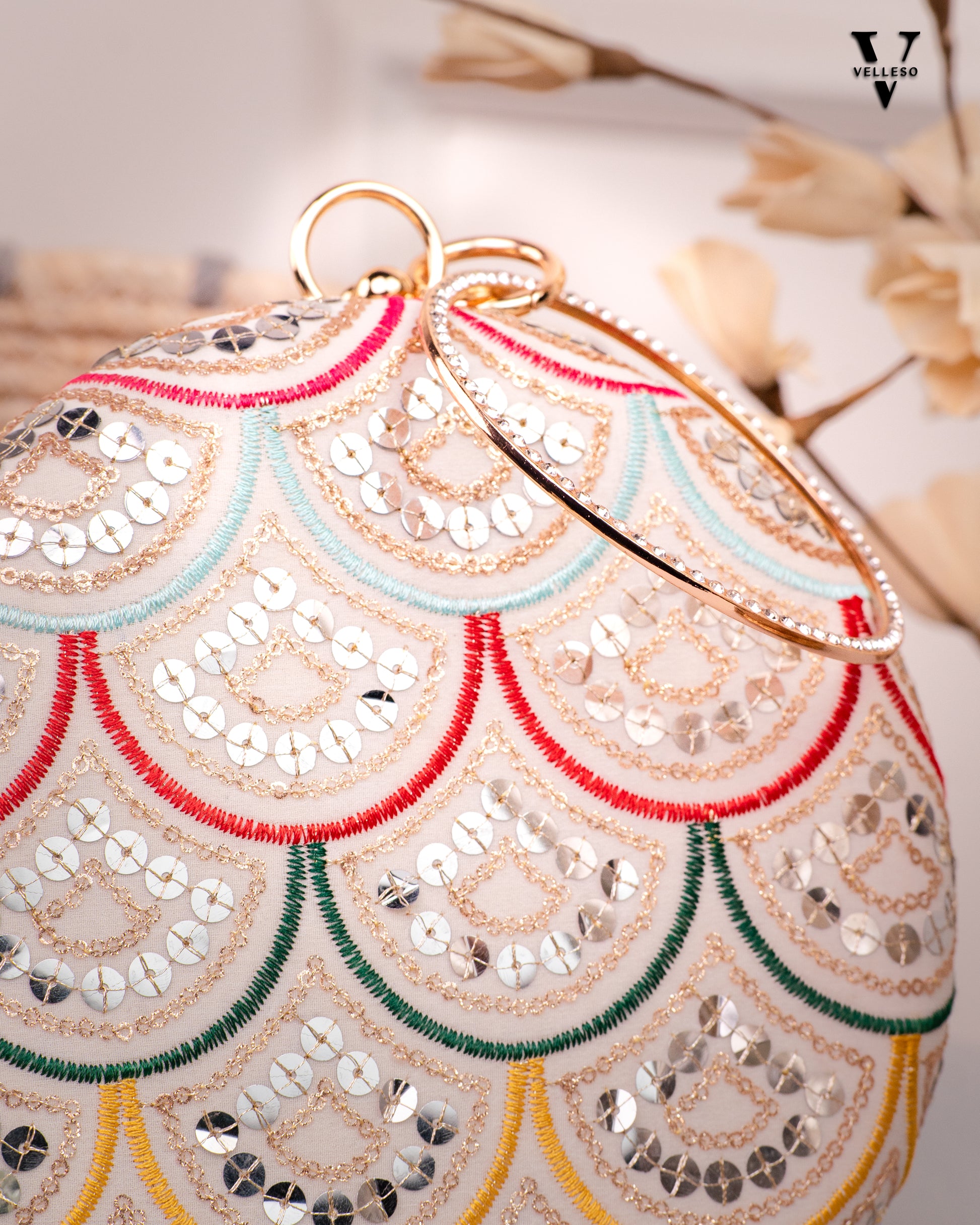 Noorani Round Embroidered Mirror Clutch with Bangle Handle