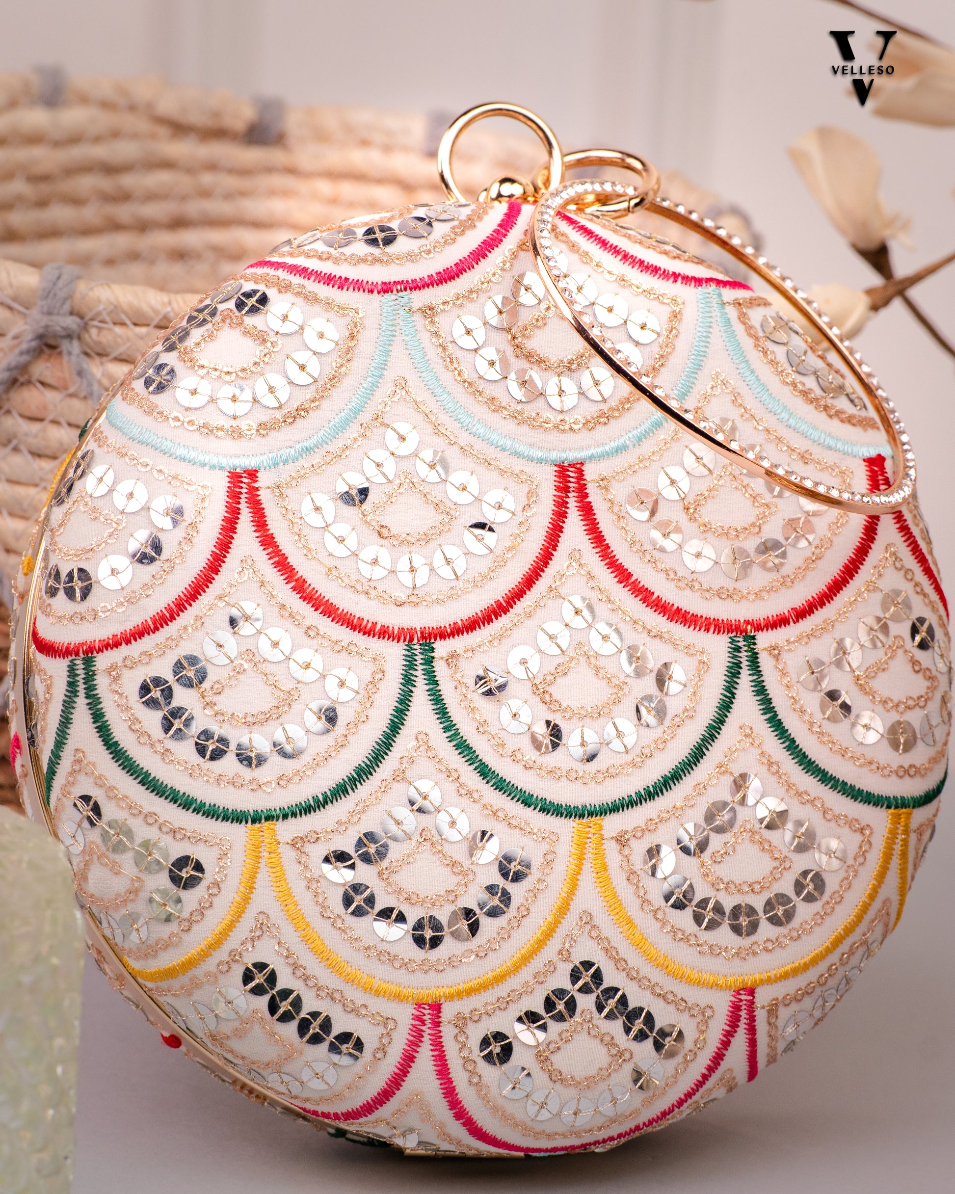 Noorani Round Embroidered Mirror Clutch with Bangle Handle