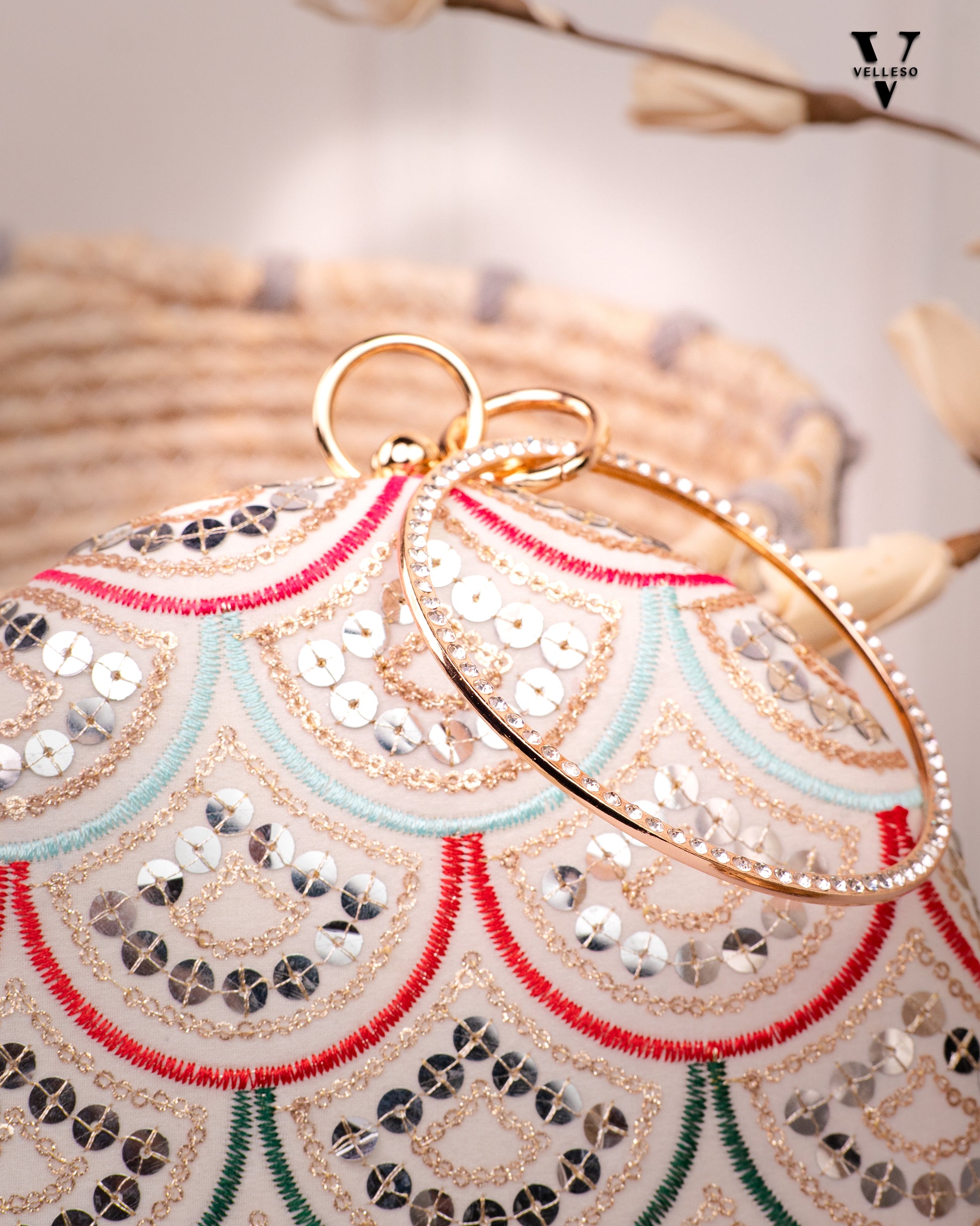 Noorani Round Embroidered Mirror Clutch with Bangle Handle