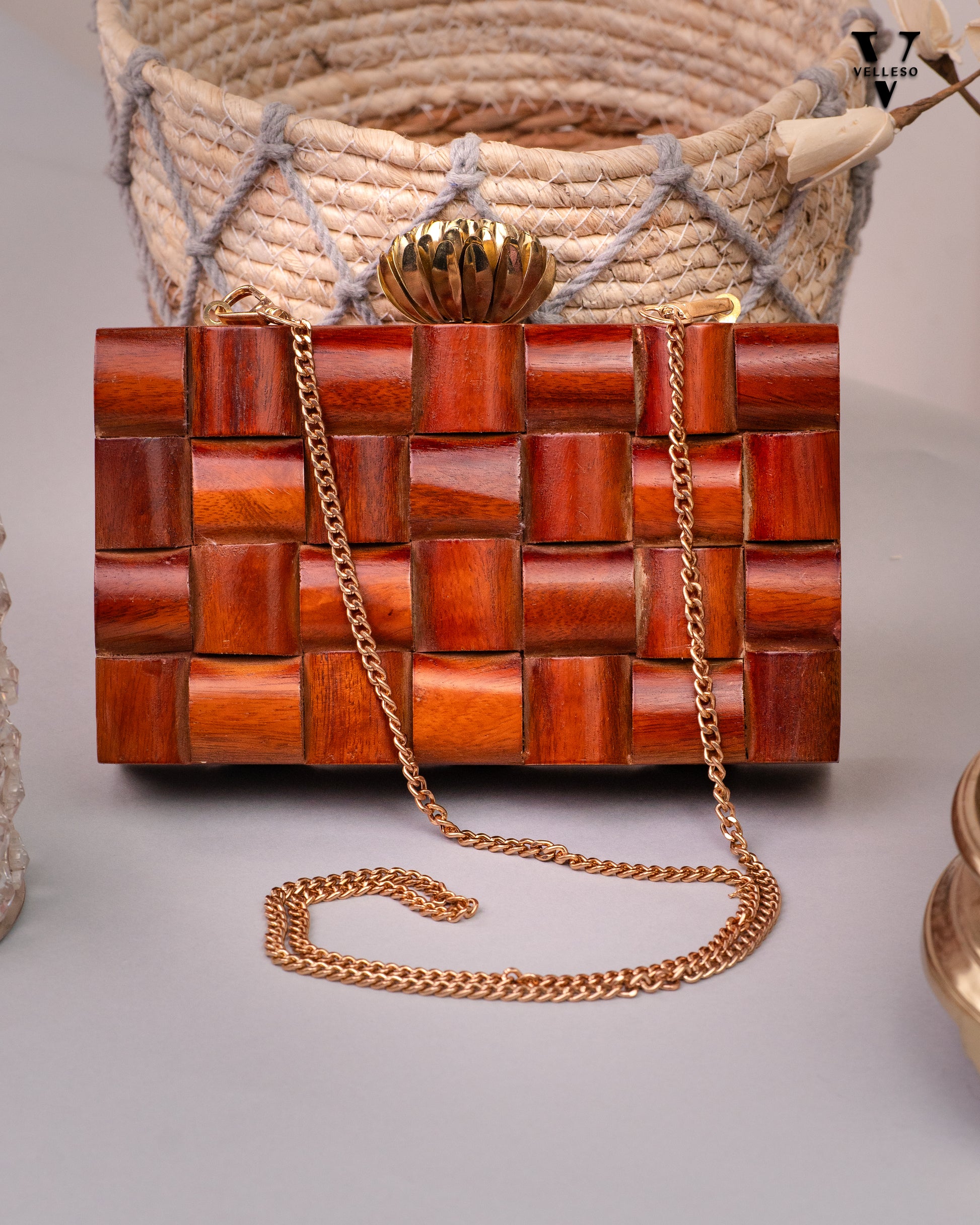 Myra Wooden Clutch – Mosaic Box Bag with Gold Lotus Clasp