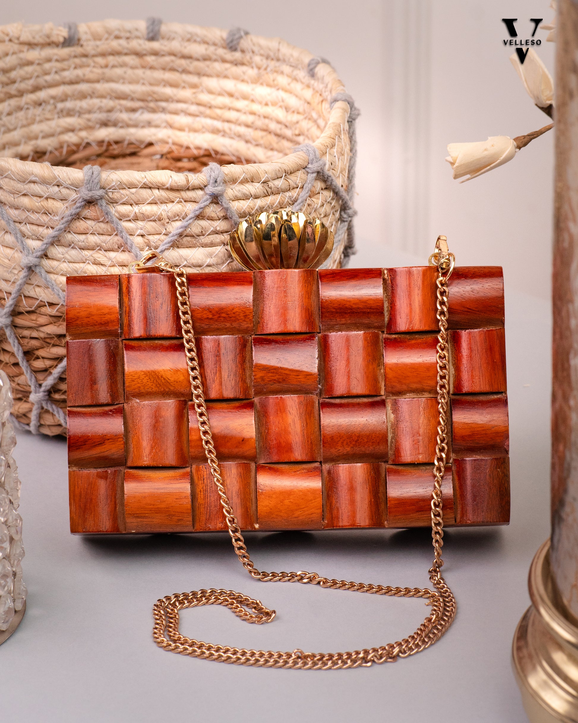 Myra Wooden Clutch – Mosaic Box Bag with Gold Lotus Clasp