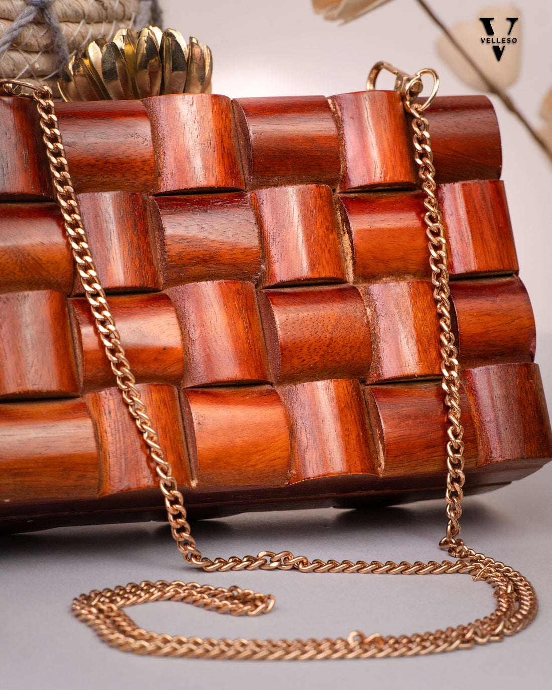 Myra Wooden Clutch – Mosaic Box Bag with Gold Lotus Clasp