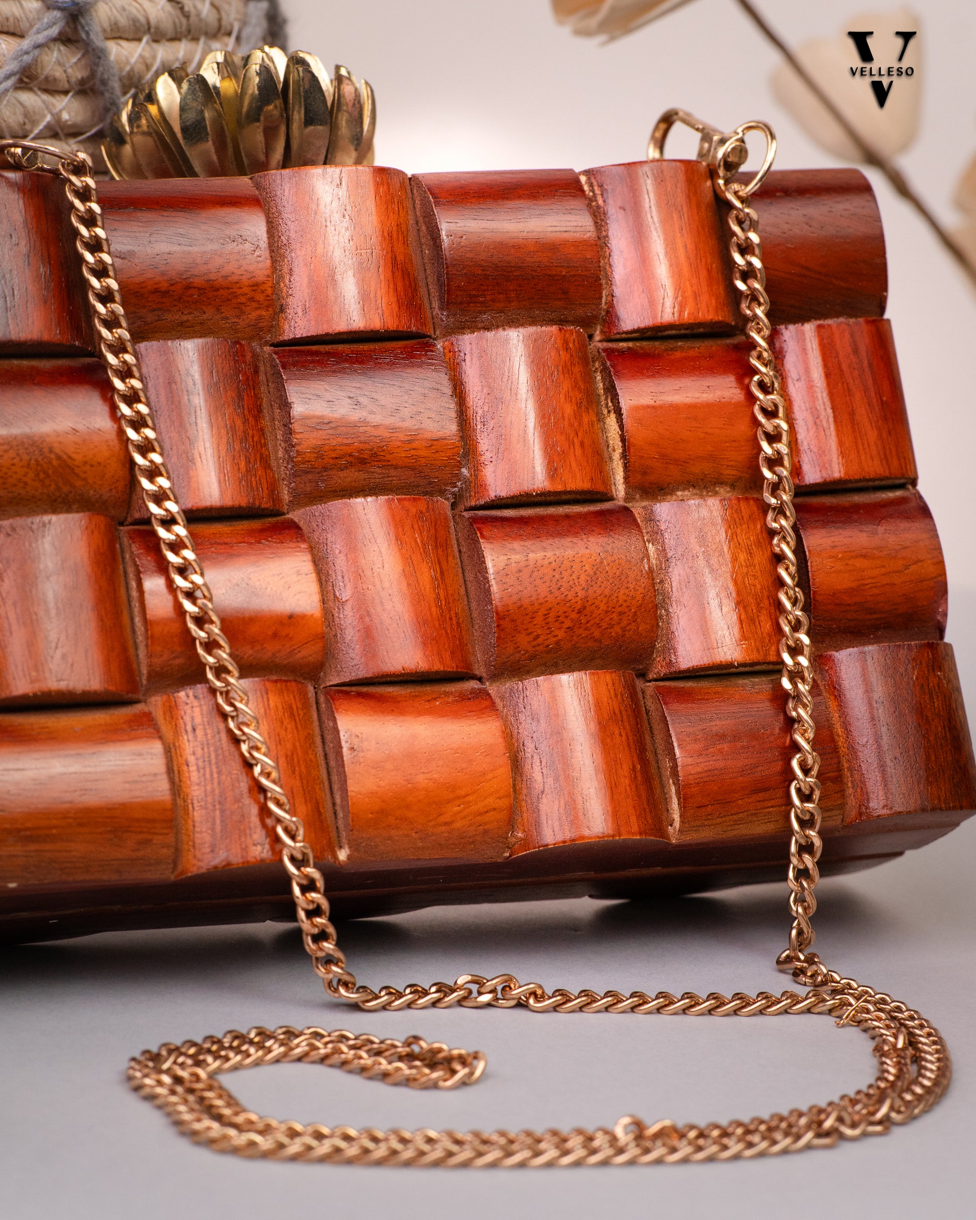 Myra Wooden Clutch – Mosaic Box Bag with Gold Lotus Clasp