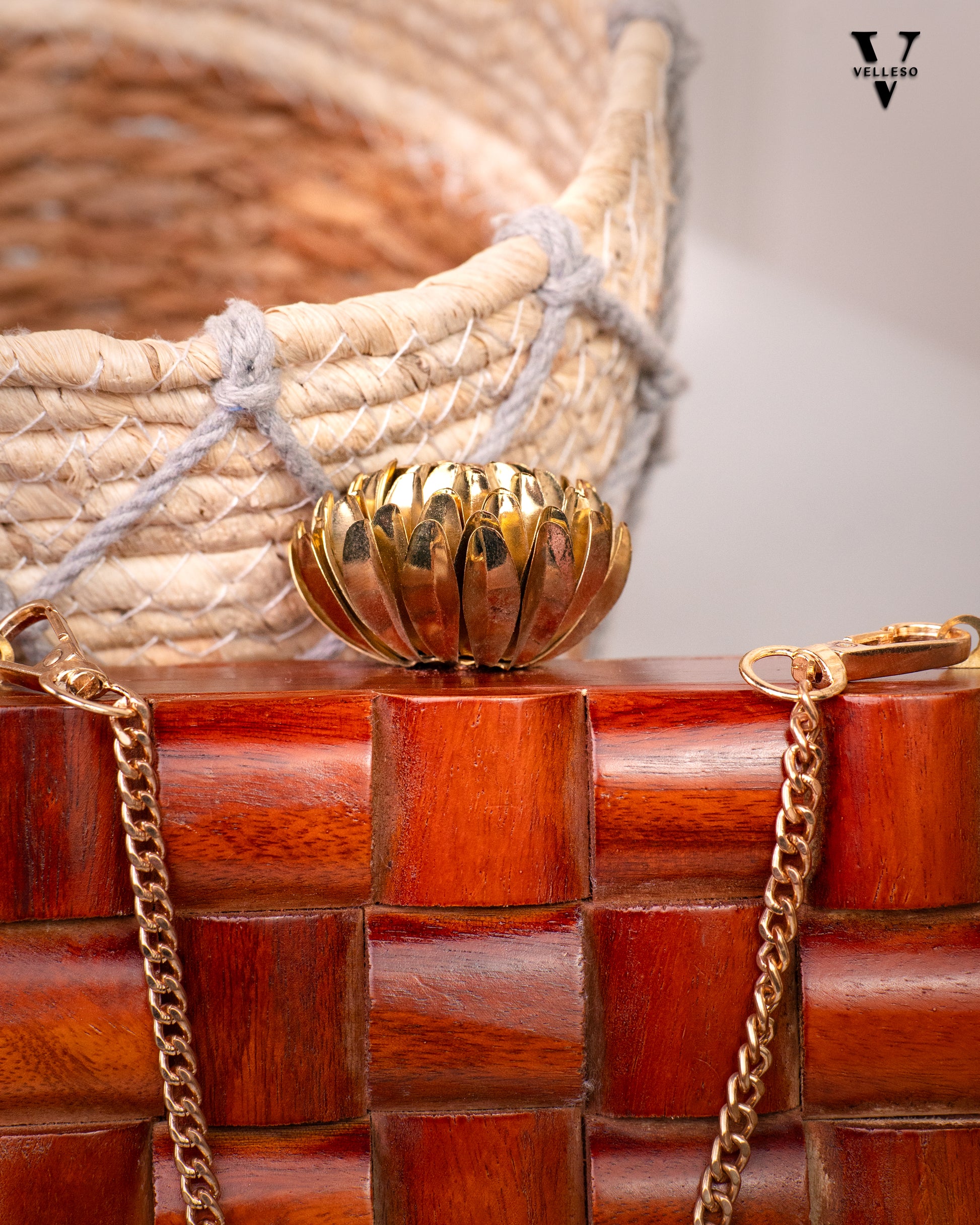 Myra Wooden Clutch – Mosaic Box Bag with Gold Lotus Clasp