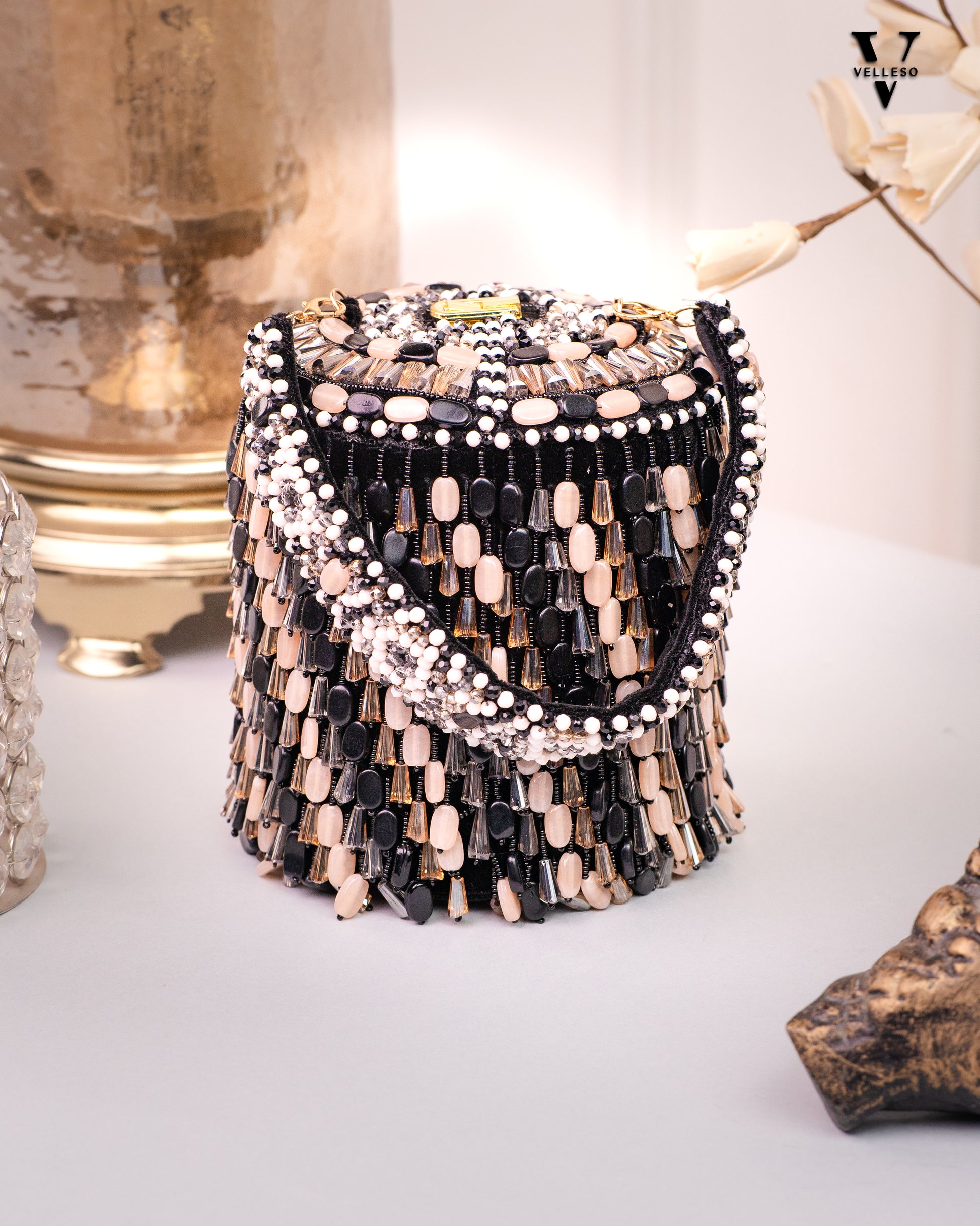 Ameira Black & Ivory Beaded Box Bag