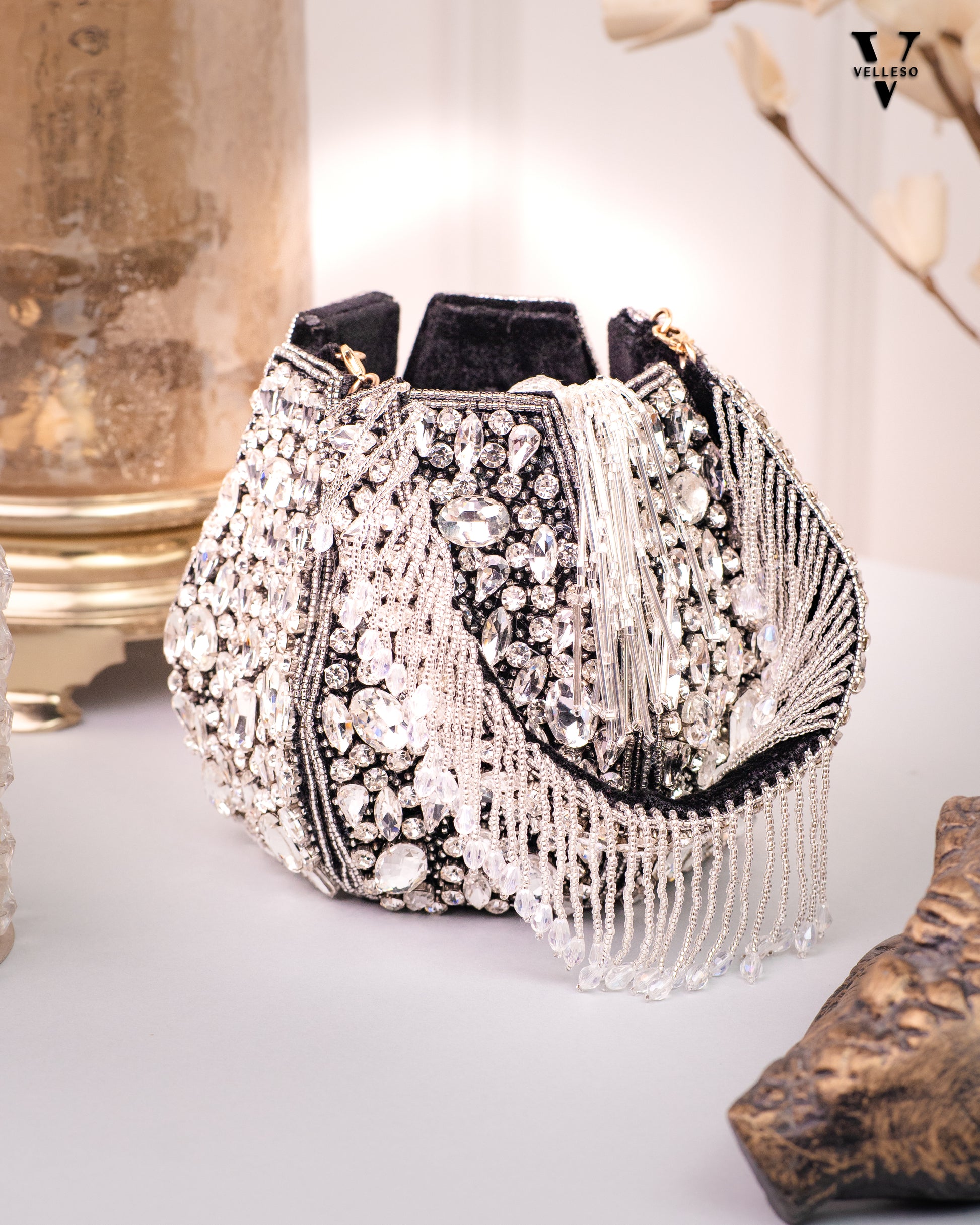 Noor Black Crystal Potli – Hand-Embellished Velvet Bag with Fringe Handle