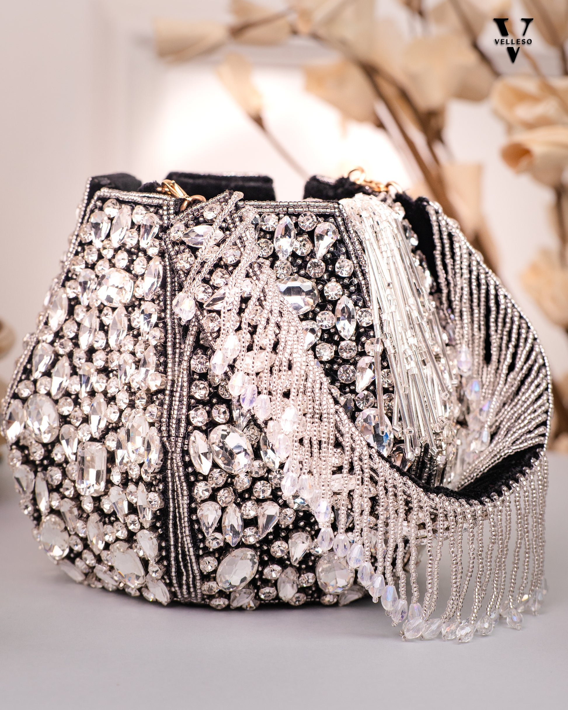 Noor Black Crystal Potli – Hand-Embellished Velvet Bag with Fringe Handle