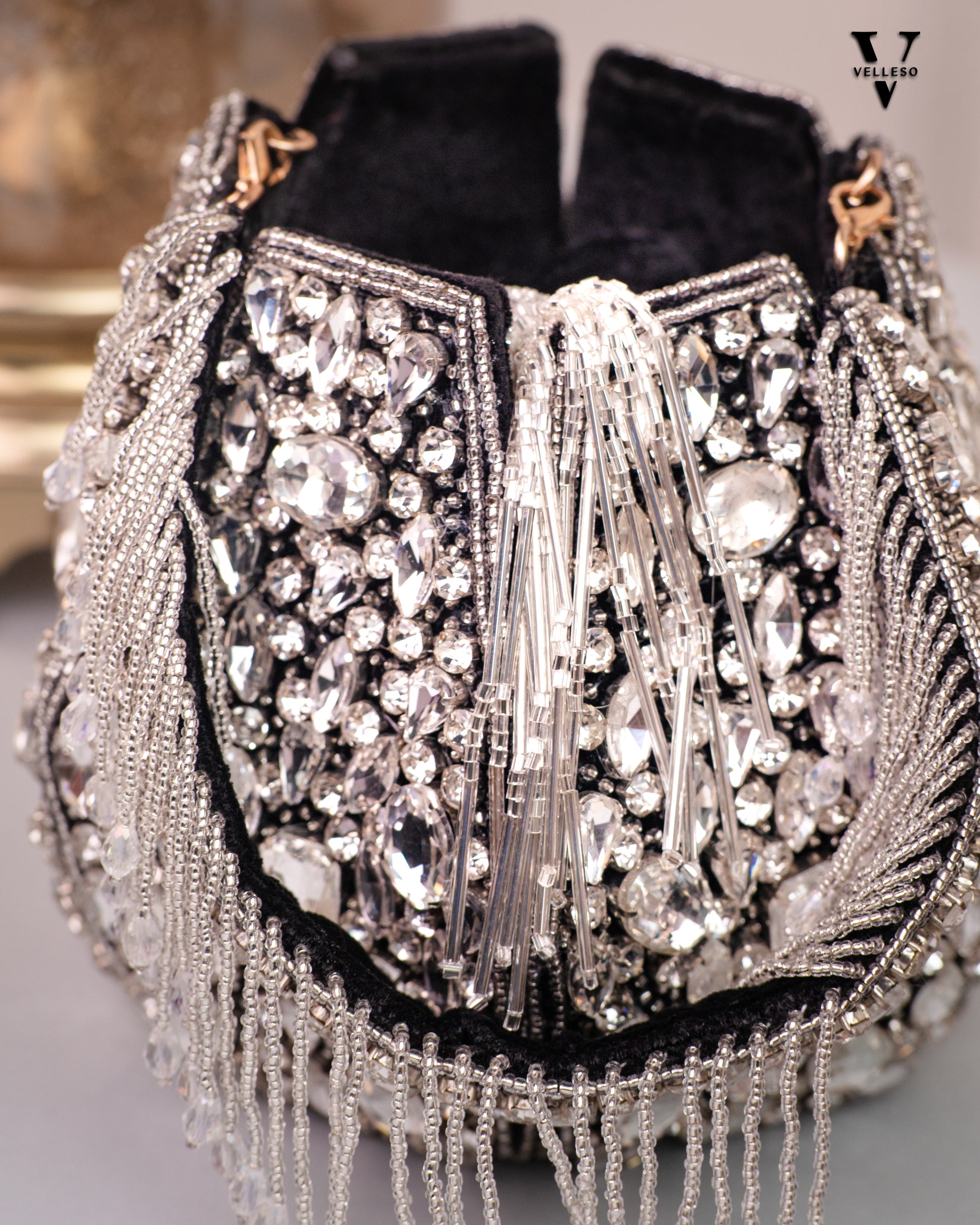 Noor Black Crystal Potli – Hand-Embellished Velvet Bag with Fringe Handle