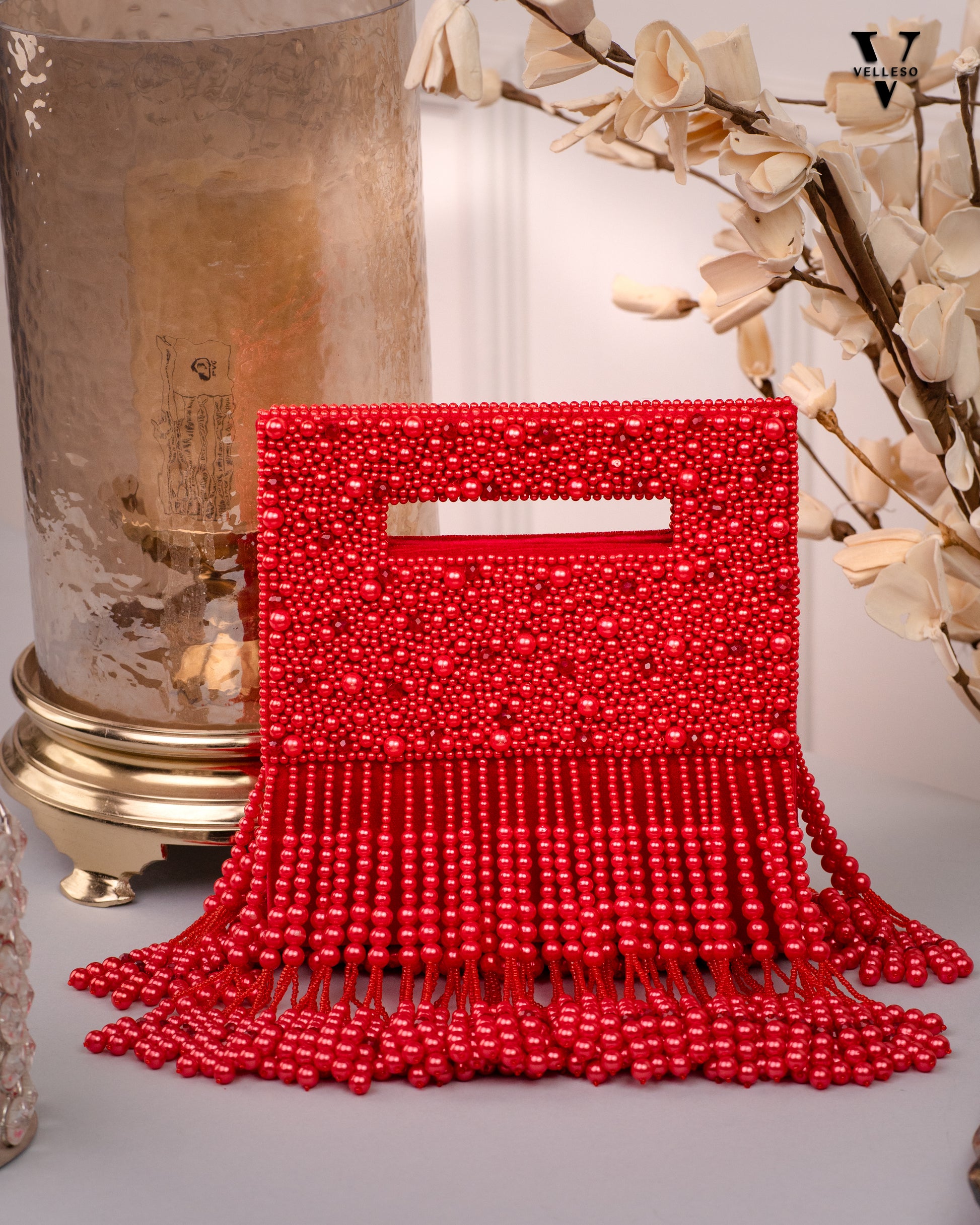 Noor Jahan Regal Crimson Beaded Fringe Clutch