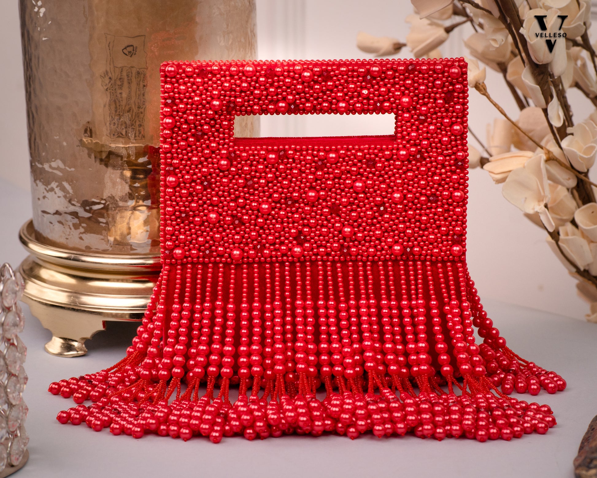 Noor Jahan Regal Crimson Beaded Fringe Clutch