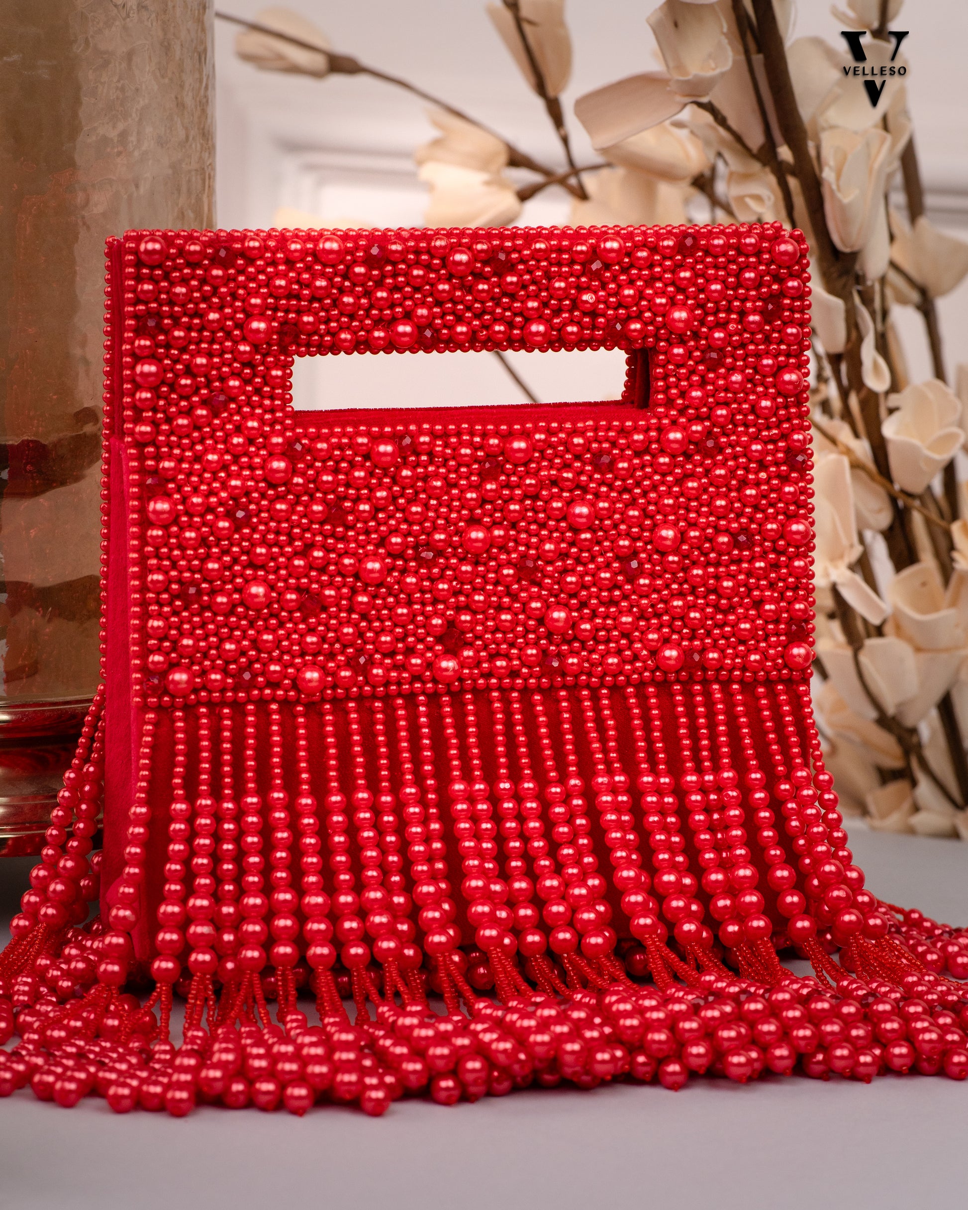 Noor Jahan Regal Crimson Beaded Fringe Clutch