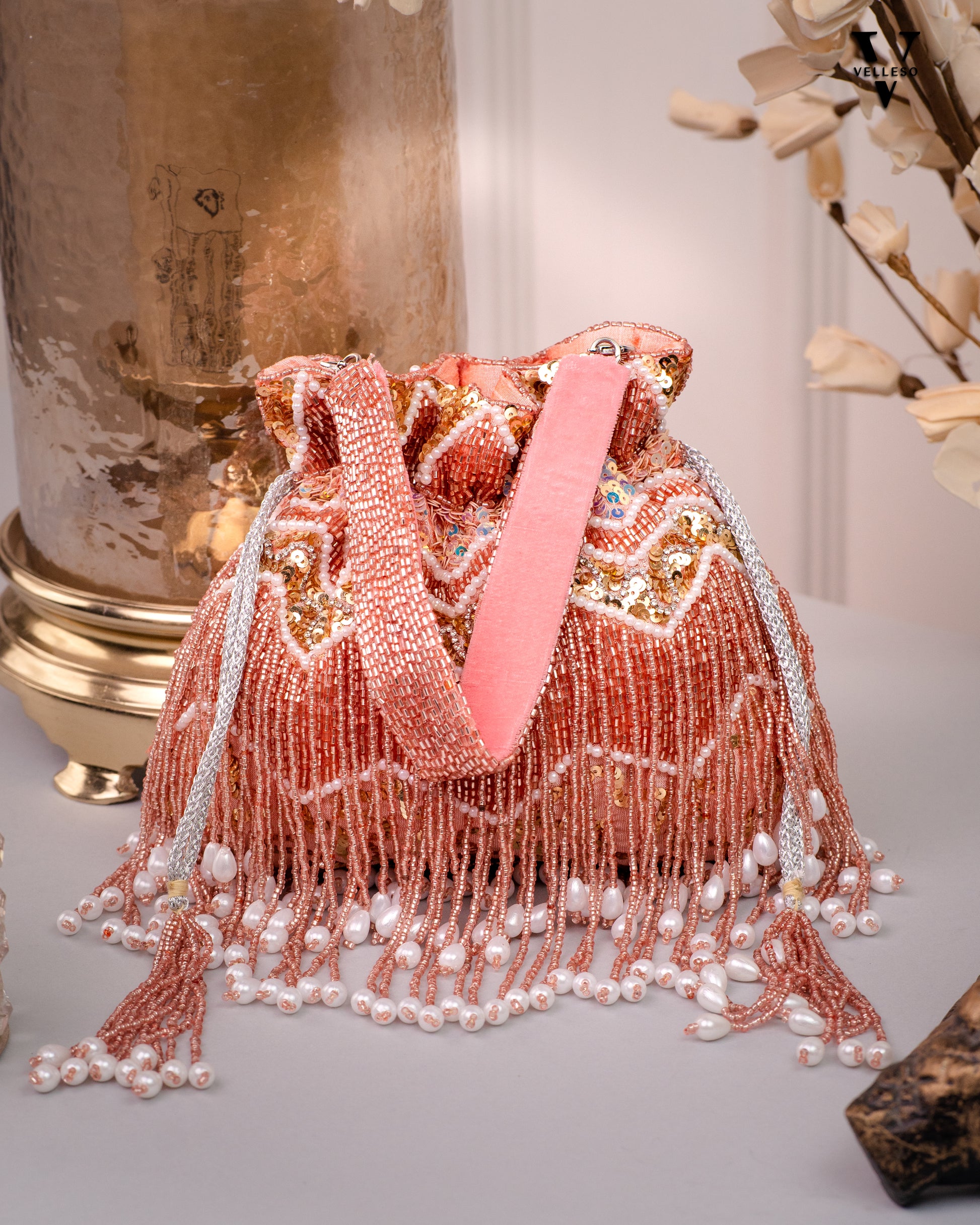 Zeenat Beaded Potli Bag – Peach Hand-Embroidered Purse with Pearl Tassels