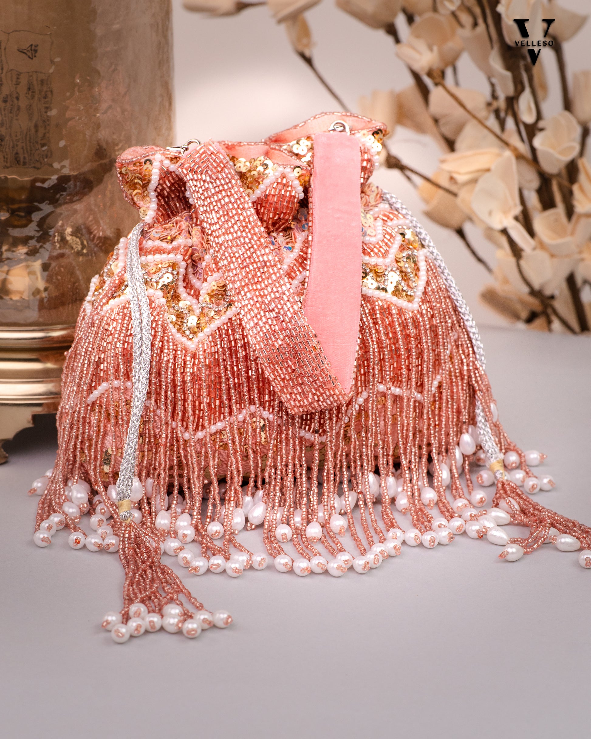 Zeenat Beaded Potli Bag – Peach Hand-Embroidered Purse with Pearl Tassels