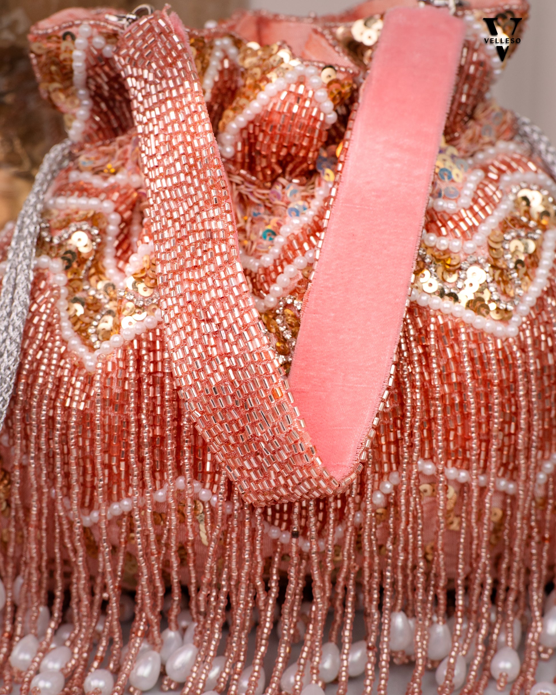 Zeenat Beaded Potli Bag – Peach Hand-Embroidered Purse with Pearl Tassels