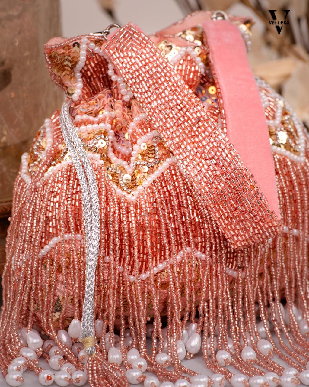 Zeenat Beaded Potli Bag – Peach Hand-Embroidered Purse with Pearl Tassels