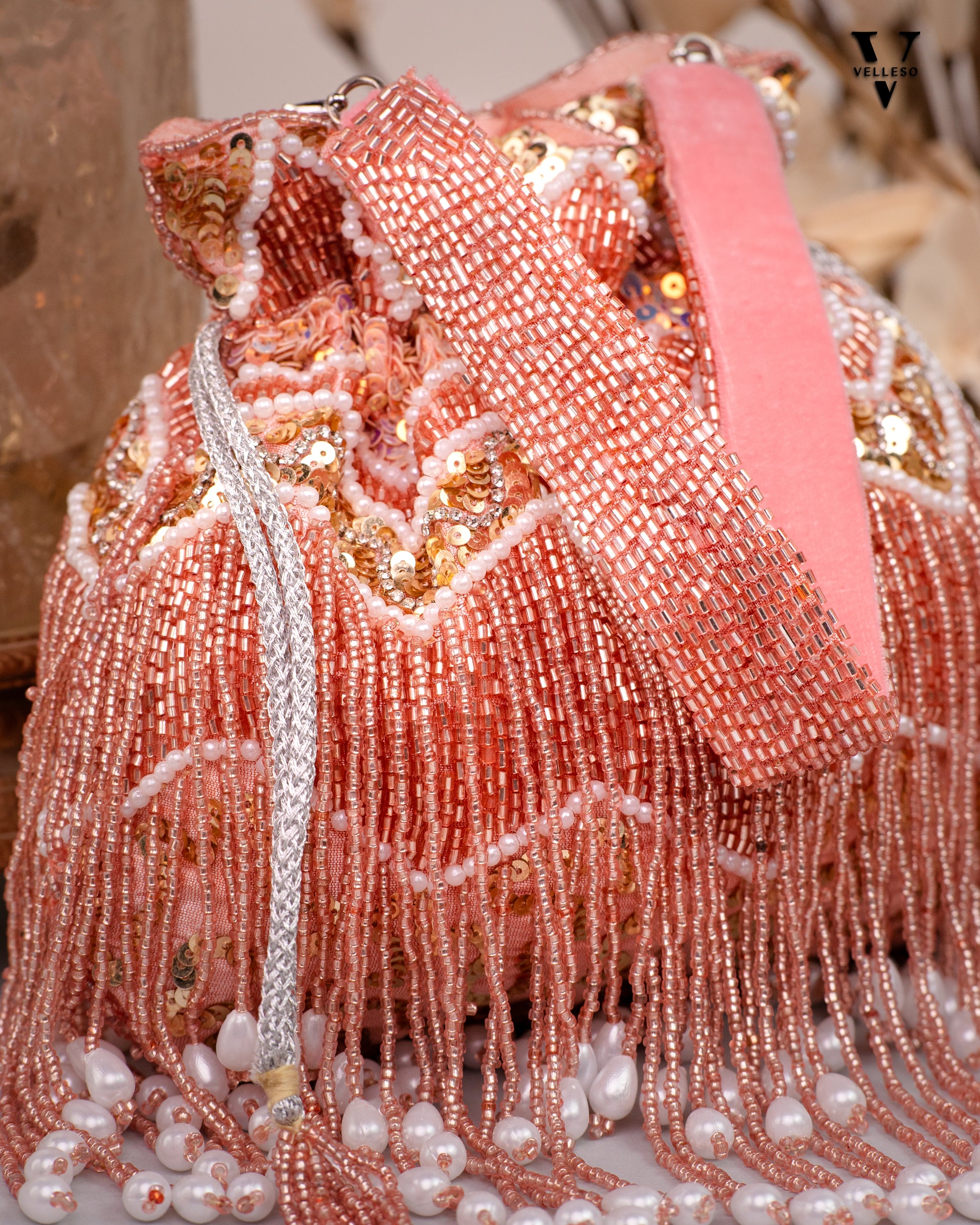 Zeenat Beaded Potli Bag – Peach Hand-Embroidered Purse with Pearl Tassels