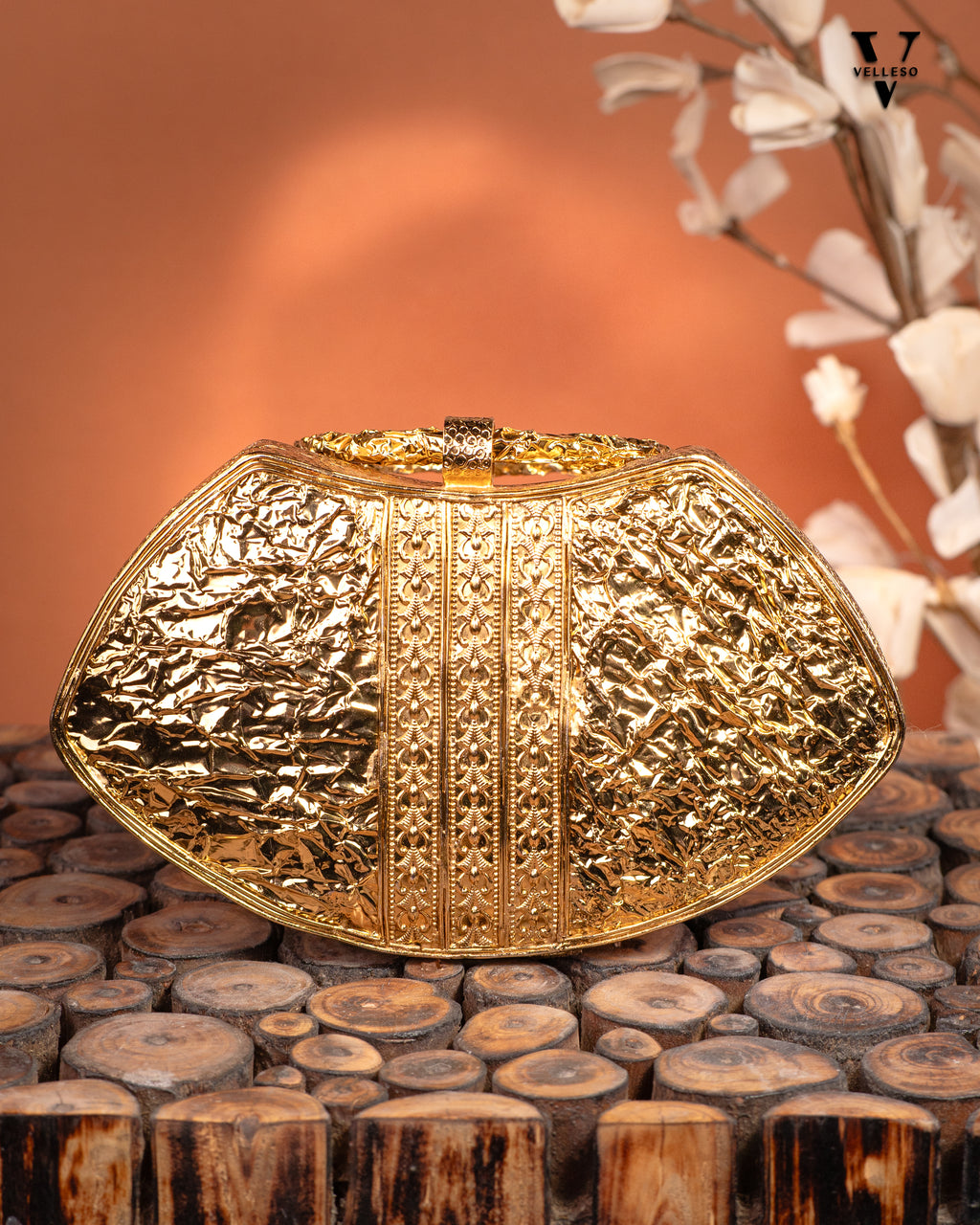Noura Embellished MOP Clutch with Floral Gold Detailing