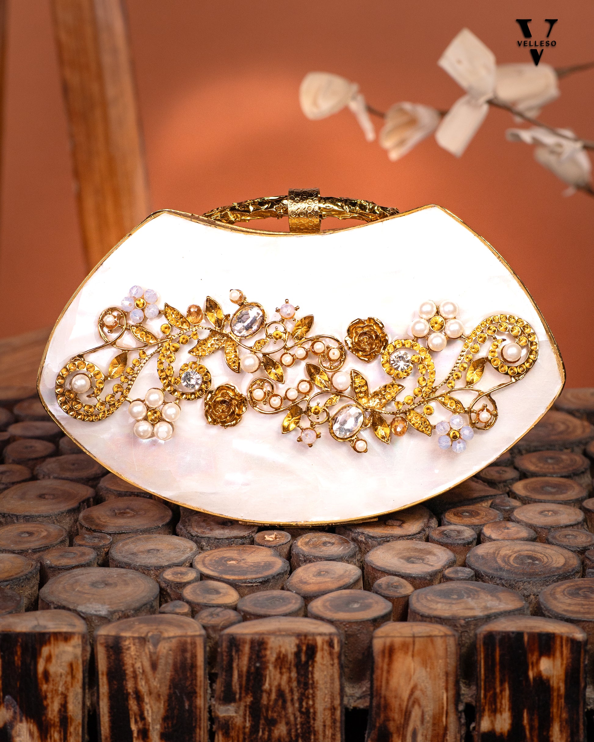 Noura Embellished MOP Clutch with Floral Gold Detailing