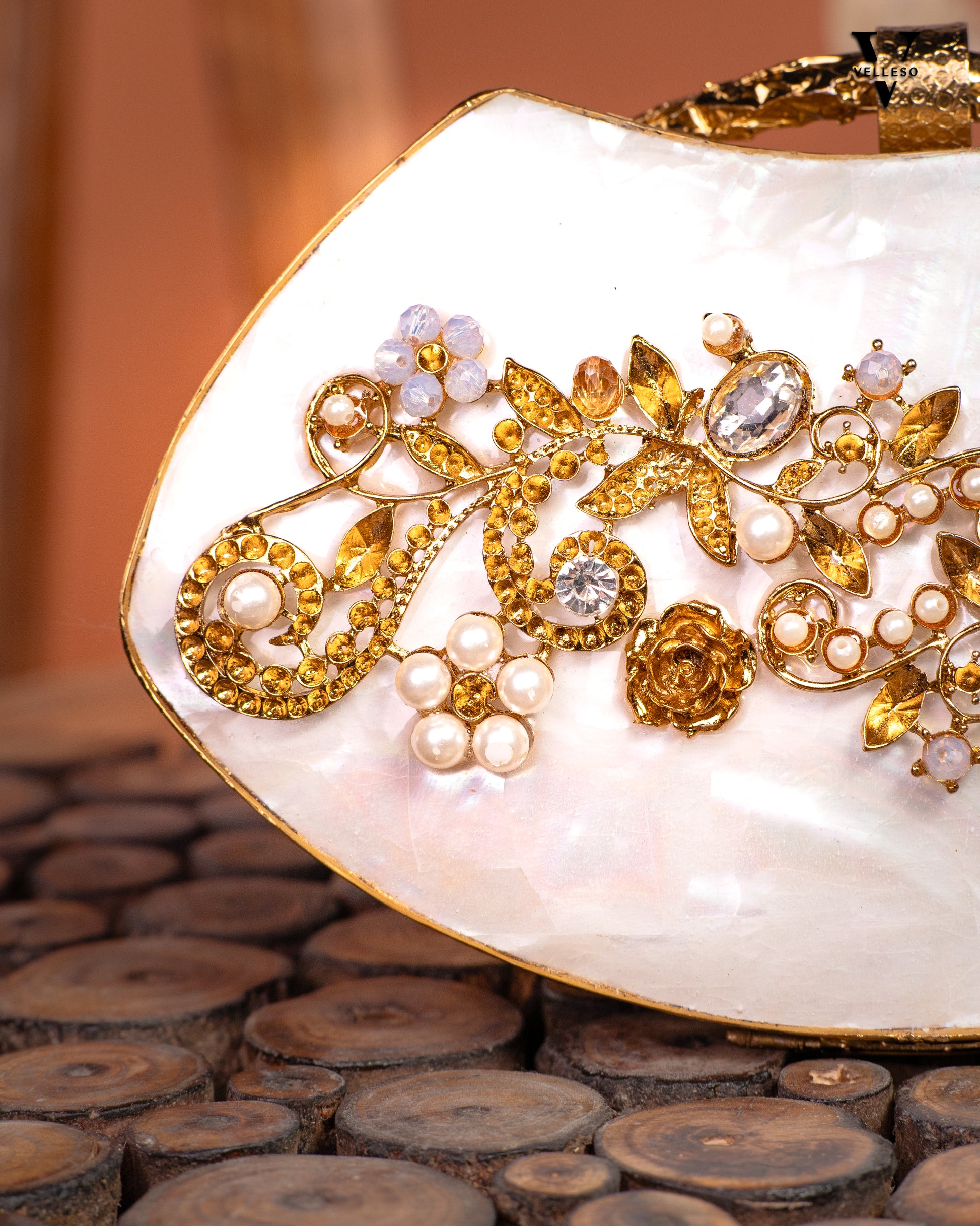 Noura Embellished MOP Clutch with Floral Gold Detailing