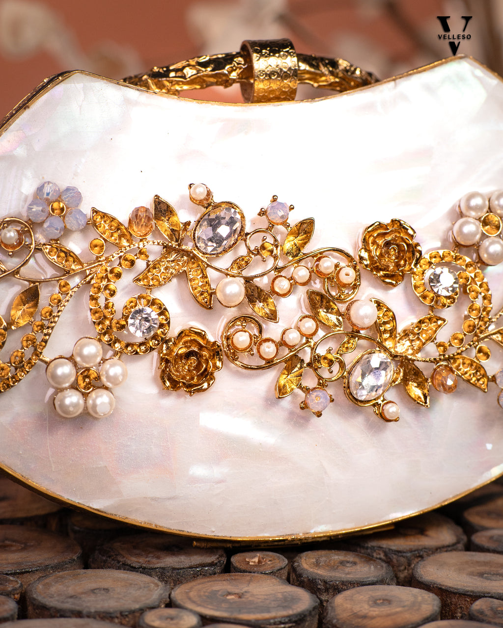 Noura Embellished MOP Clutch with Floral Gold Detailing