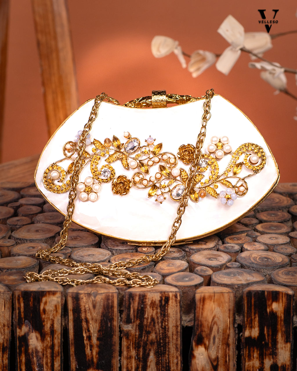 Noura Embellished MOP Clutch with Floral Gold Detailing