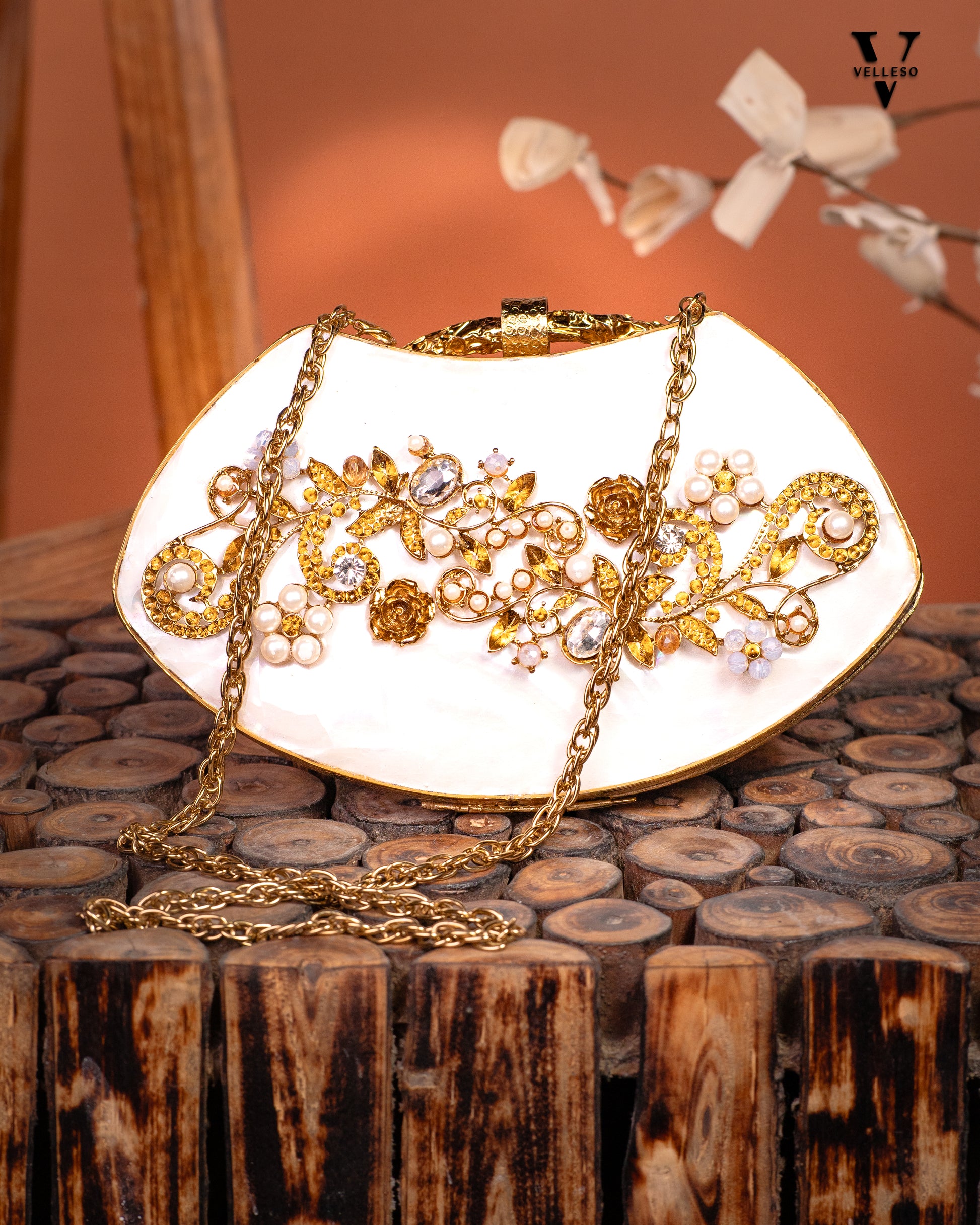 Noura Embellished MOP Clutch with Floral Gold Detailing