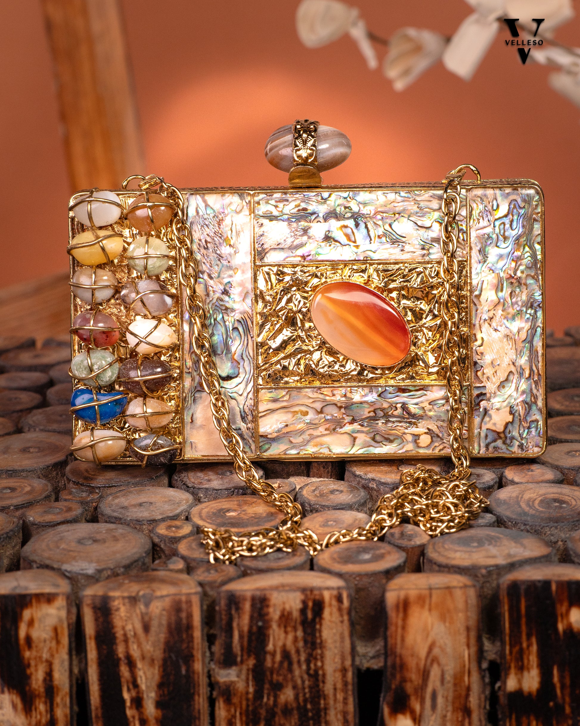 Indira Gemstone Clutch – Mother of Pearl Frame with Crystal Embellishments