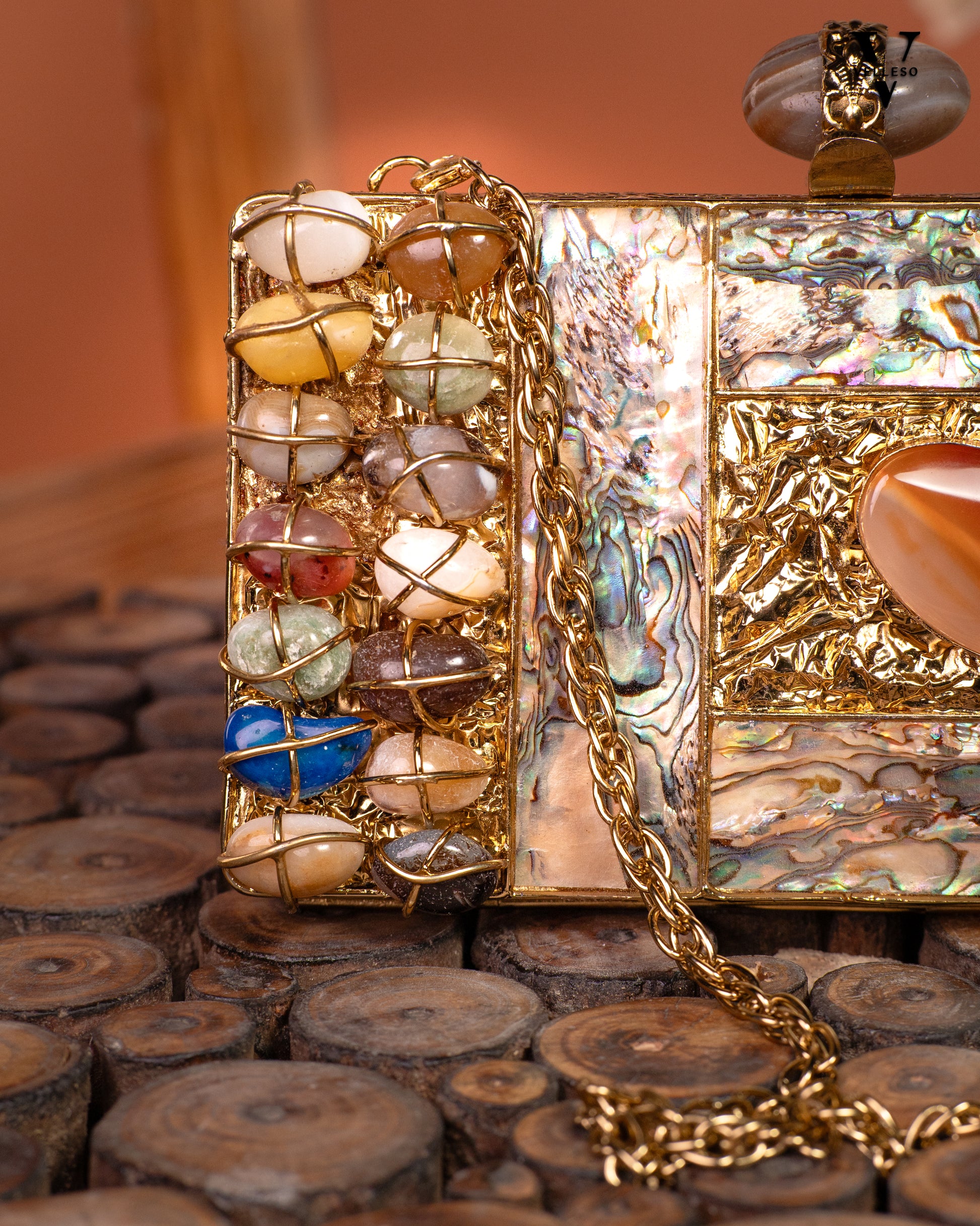 Indira Gemstone Clutch – Mother of Pearl Frame with Crystal Embellishments