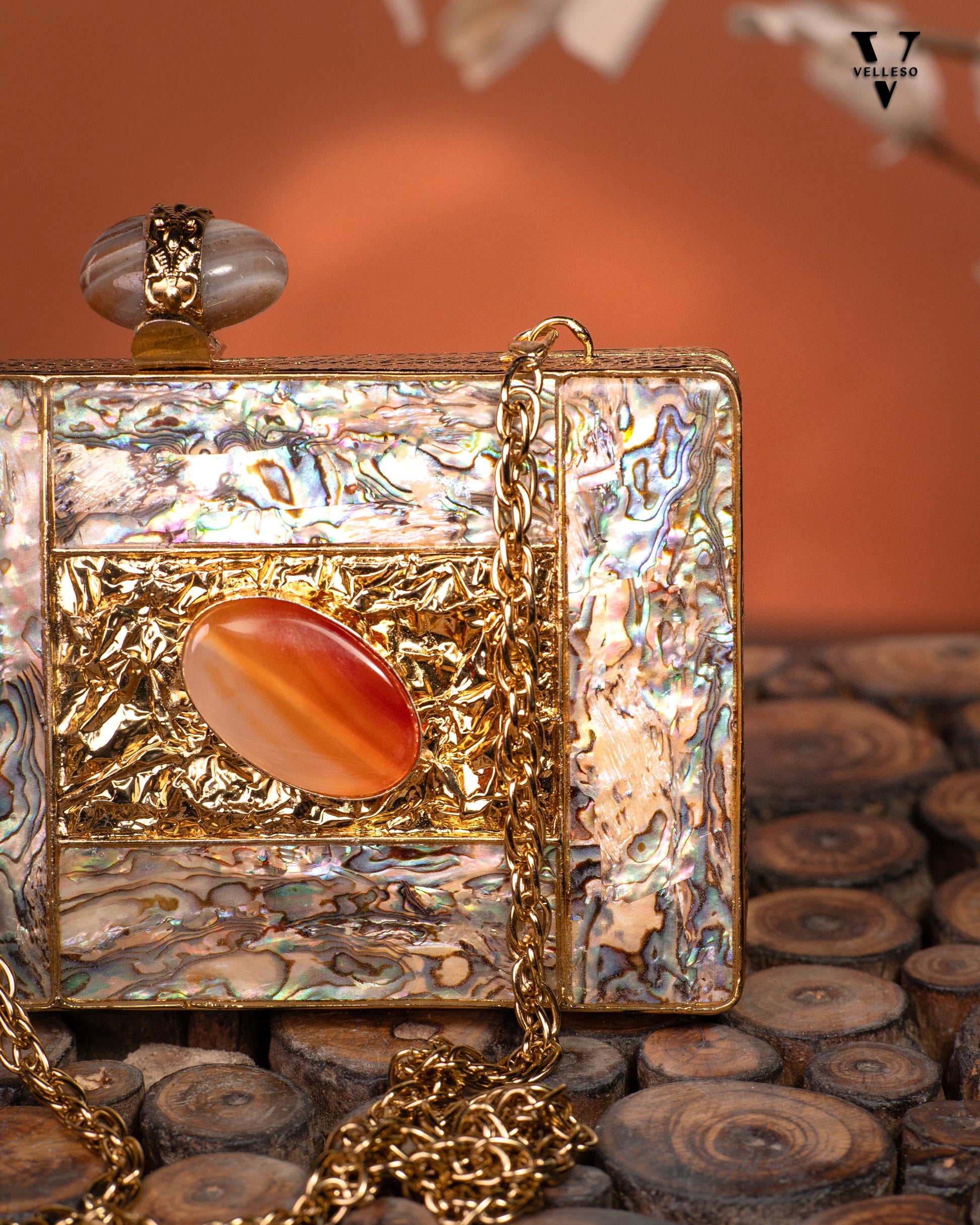 Indira Gemstone Clutch – Mother of Pearl Frame with Crystal Embellishments