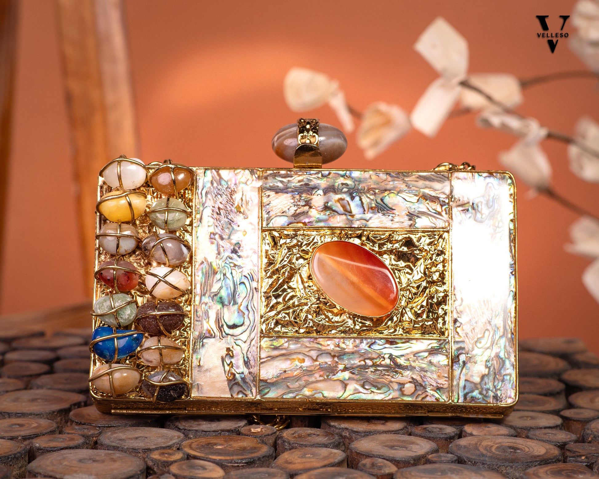 Indira Gemstone Clutch – Mother of Pearl Frame with Crystal Embellishments