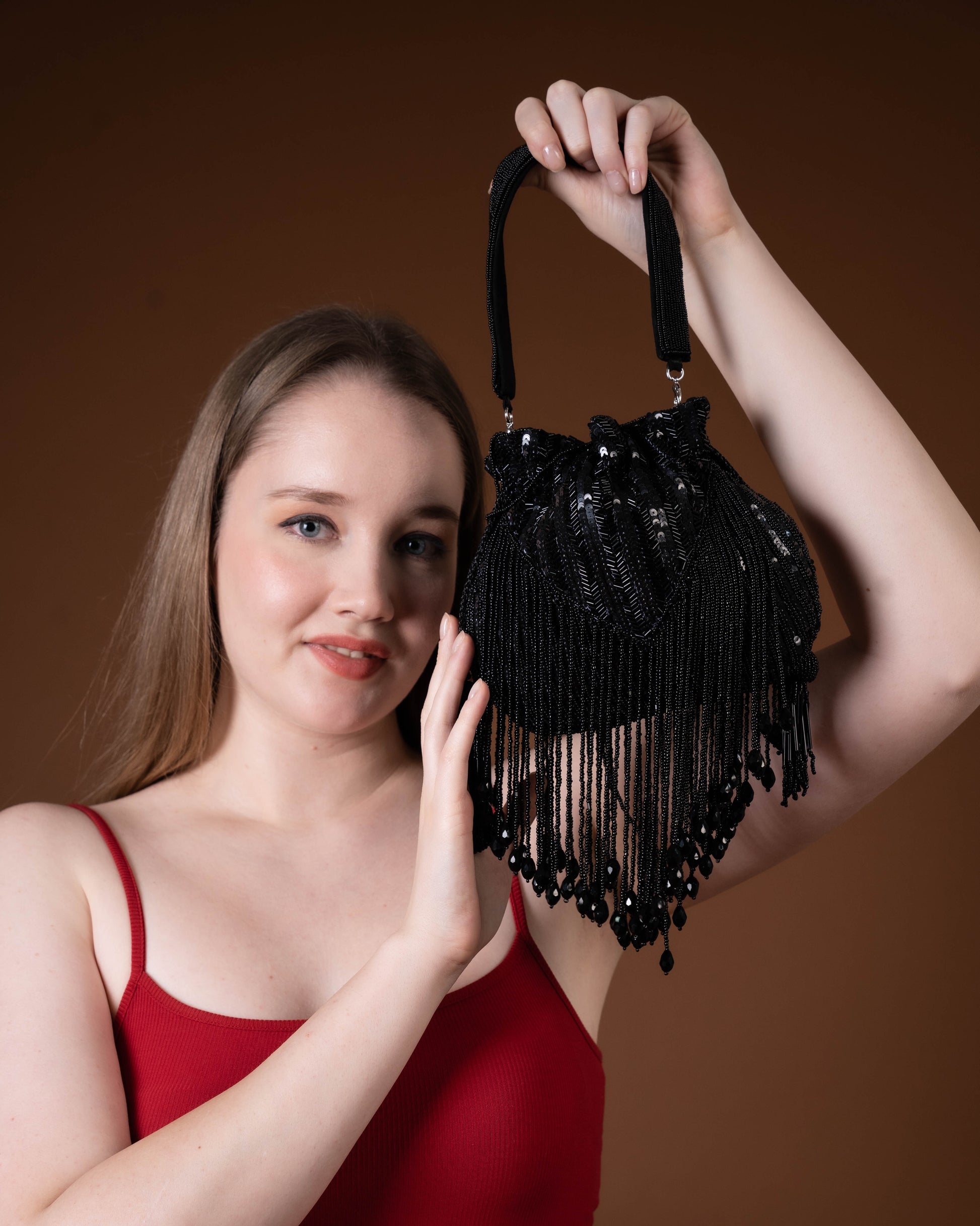 Sitara Black Fringe Potli – Hand-Beaded Party Bag with Crystal Tassels