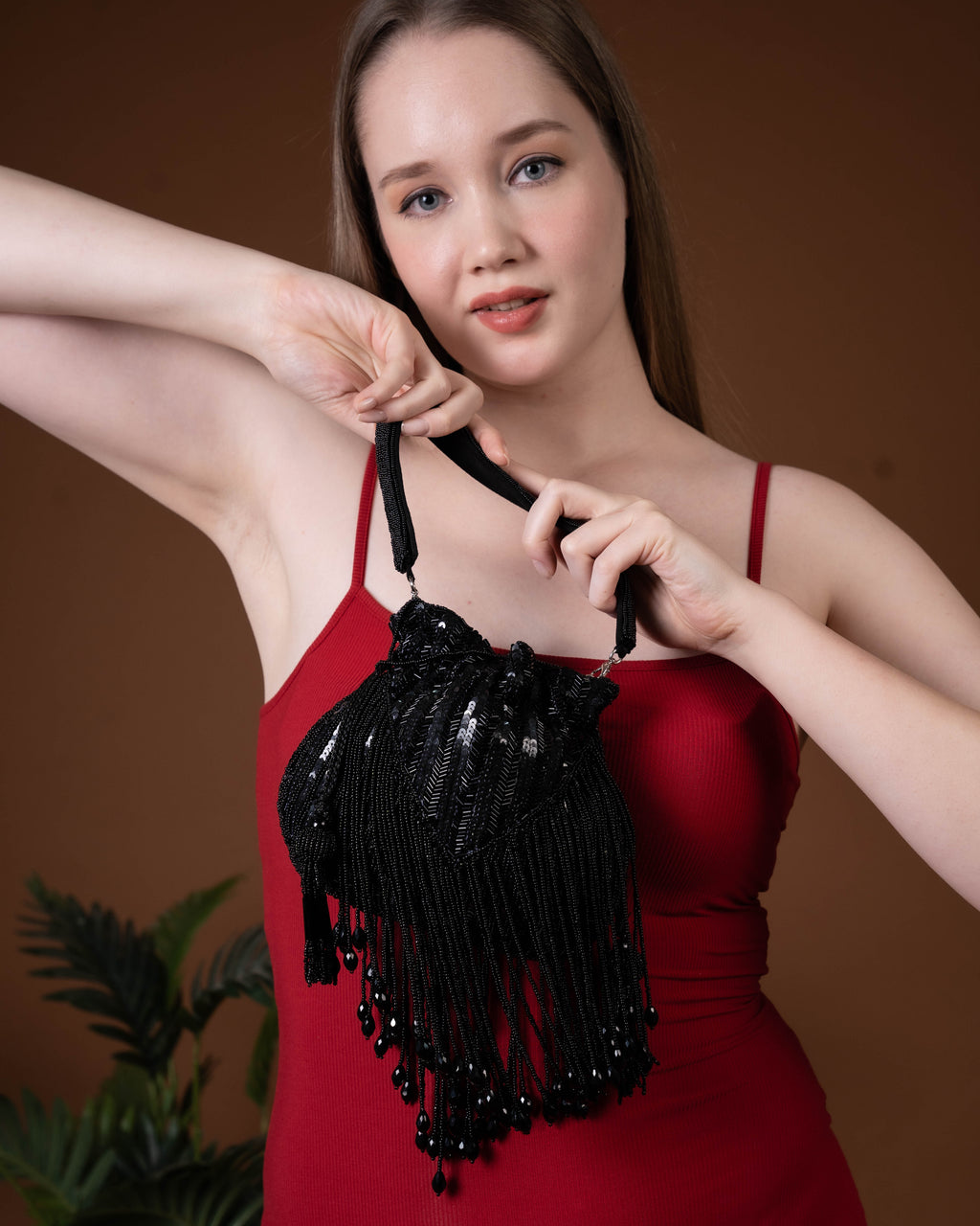 Sitara Black Fringe Potli – Hand-Beaded Party Bag with Crystal Tassels