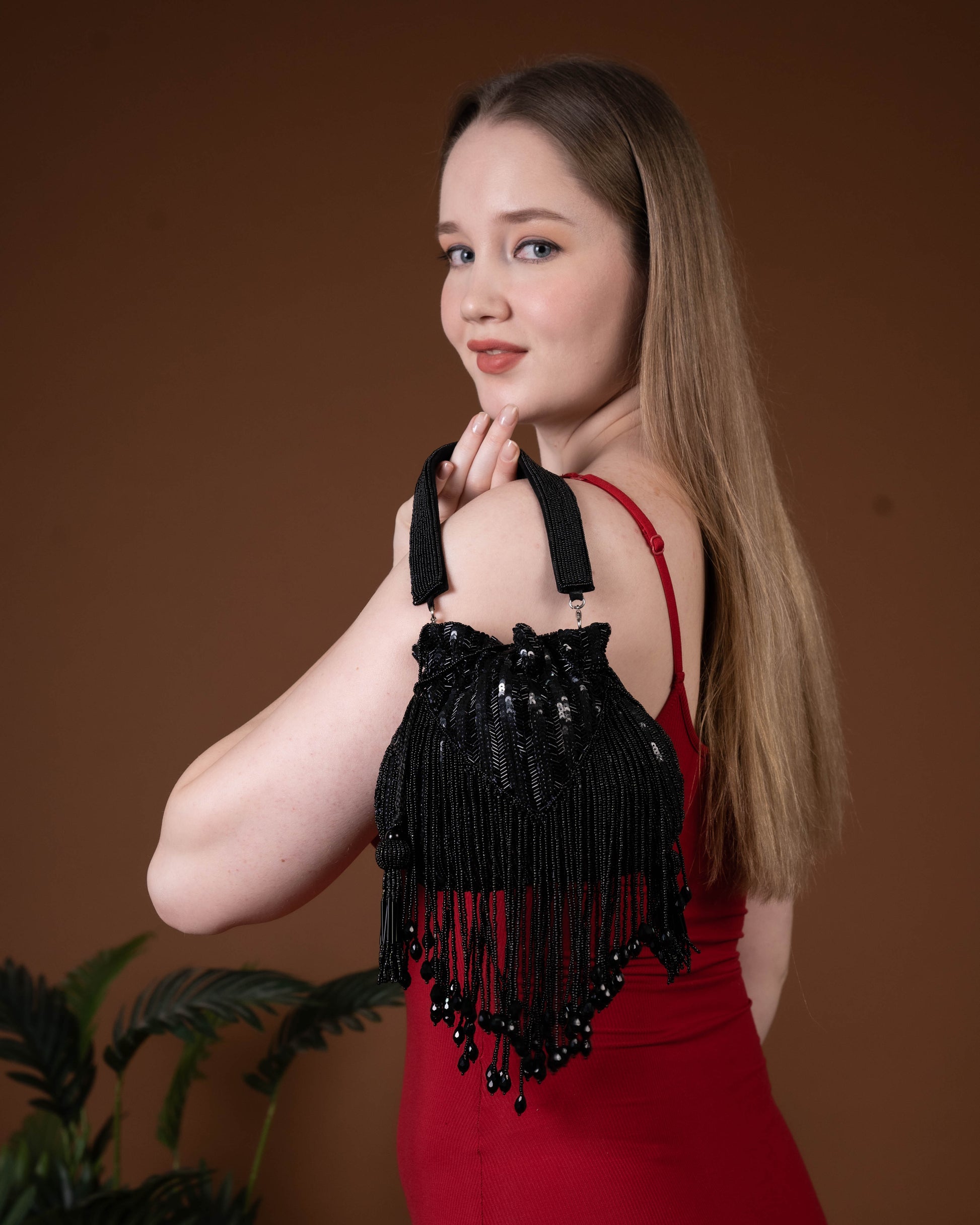 Sitara Black Fringe Potli – Hand-Beaded Party Bag with Crystal Tassels
