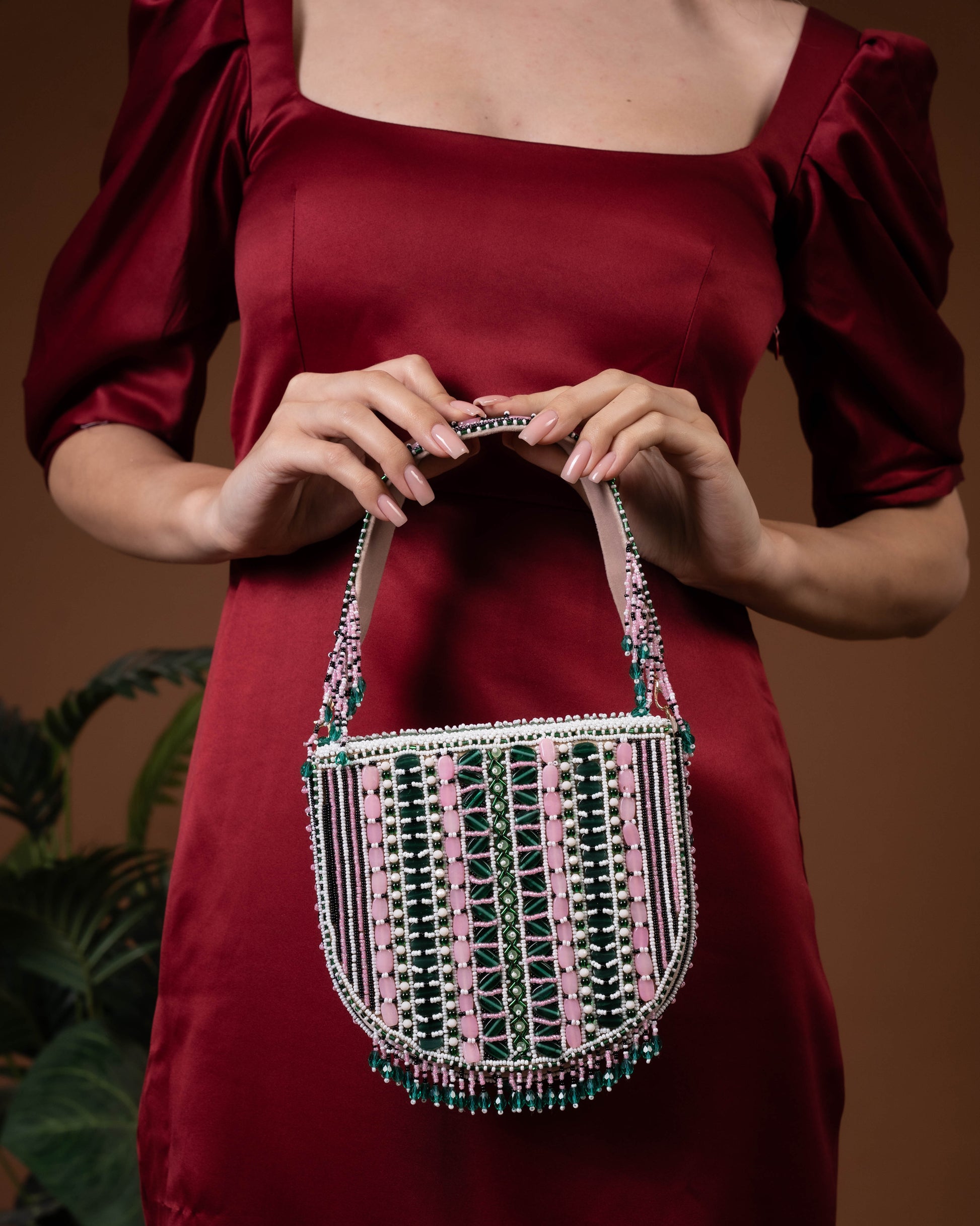 Aurela pink and green Beaded Crescent Clutch