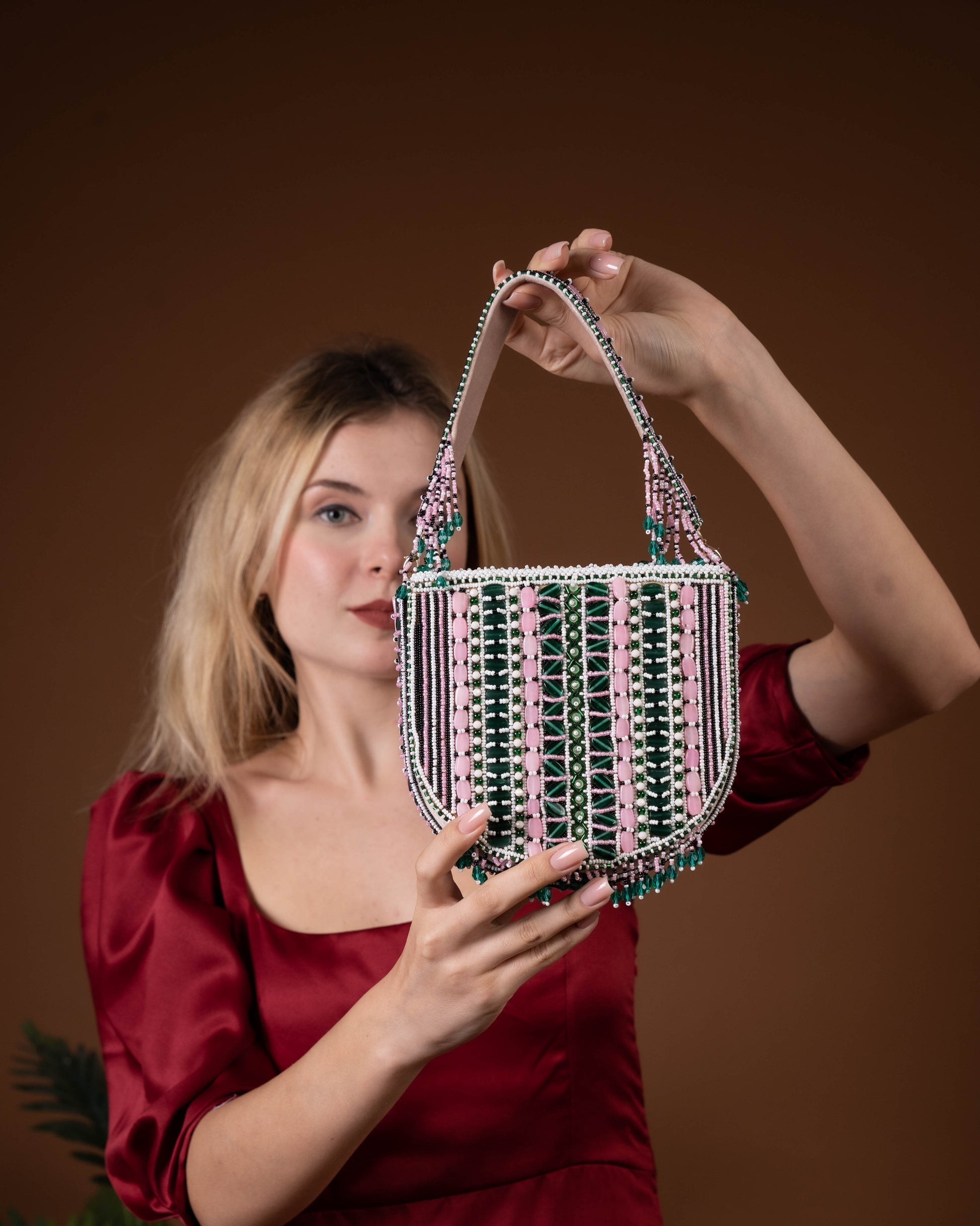 Aurela pink and green Beaded Crescent Clutch