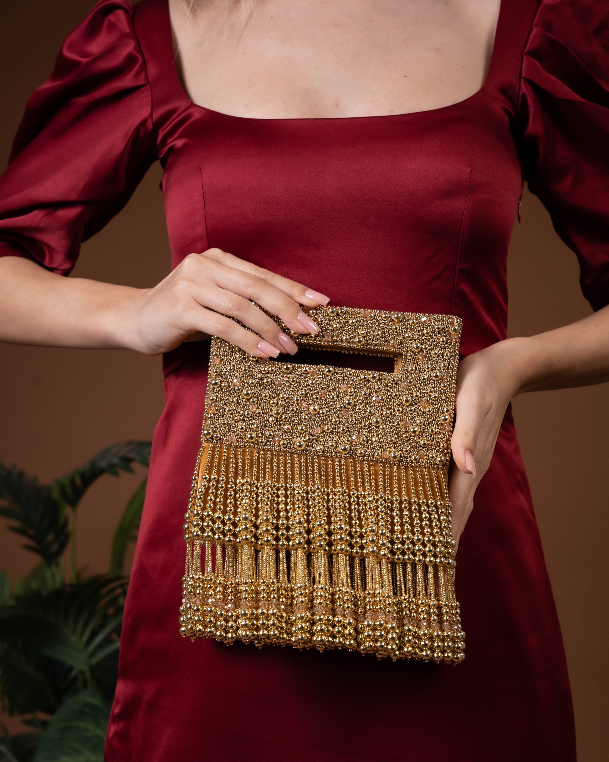 Noor Jahan Regal Crimson Beaded Fringe Clutch