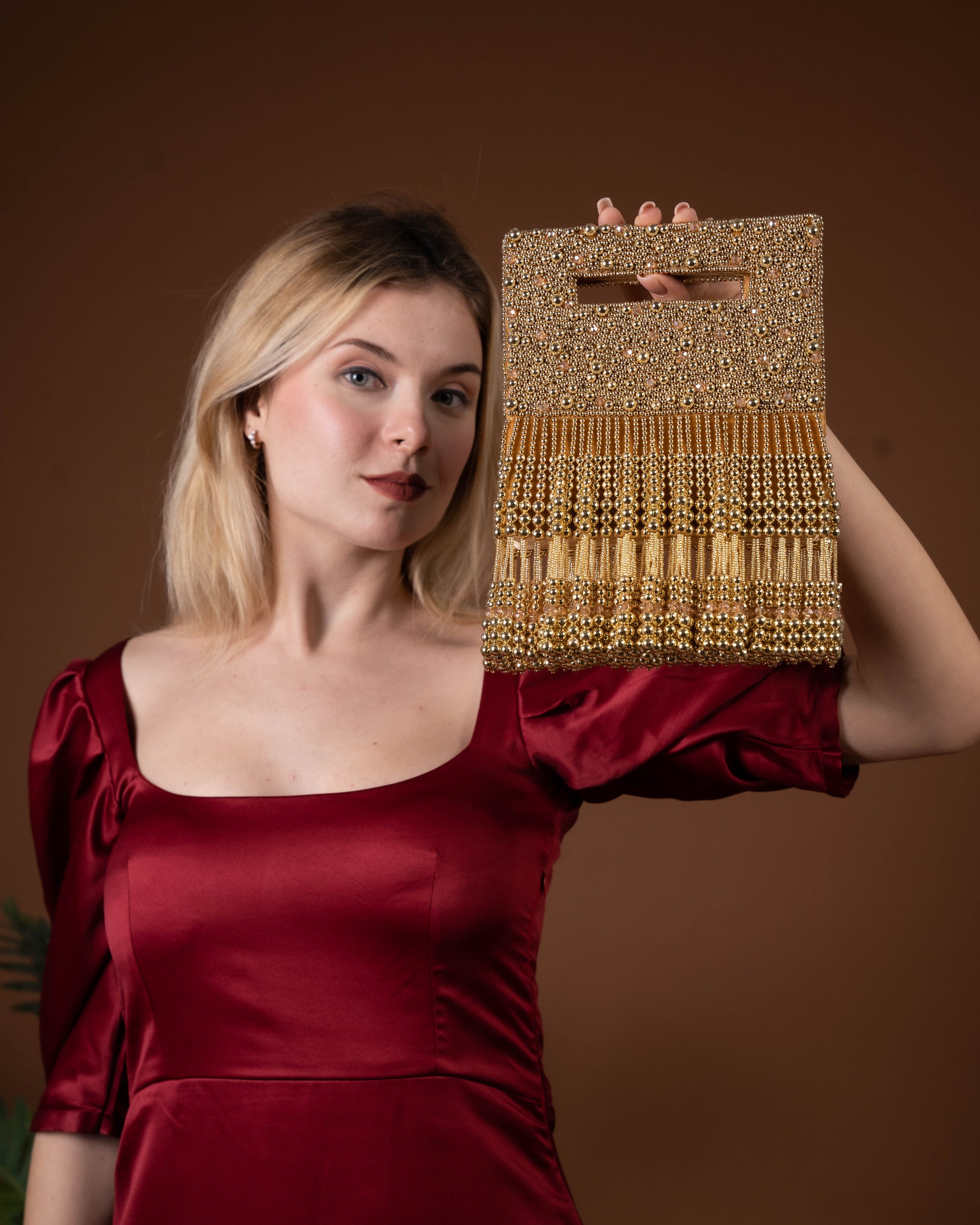 Noor Jahan Regal Crimson Beaded Fringe Clutch