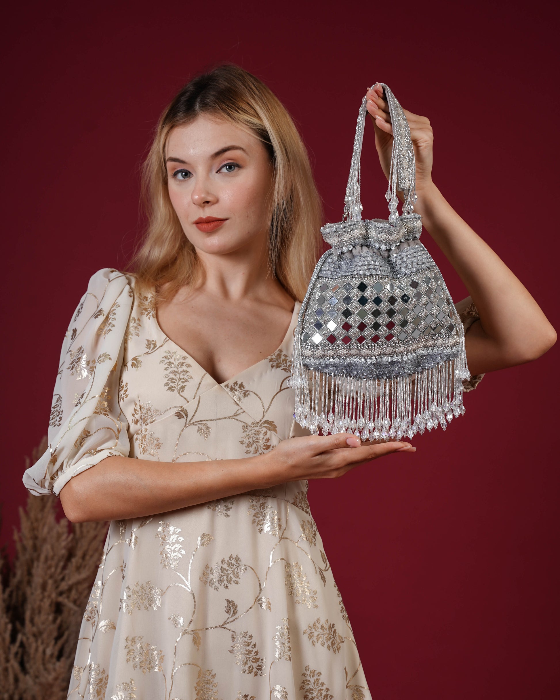 Zehra Mirror Embellished Fringe Potli Bag