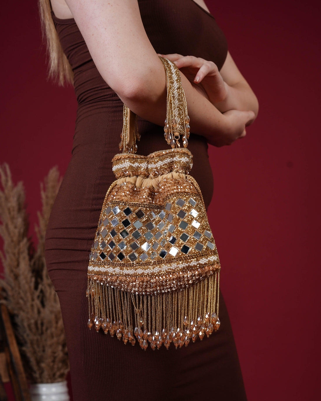 Zehra Mirror Embellished Fringe Potli Bag