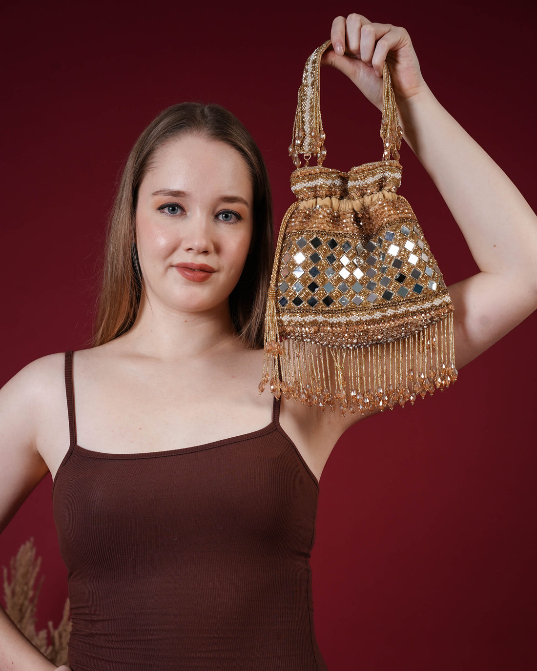 Zehra Mirror Embellished Fringe Potli Bag