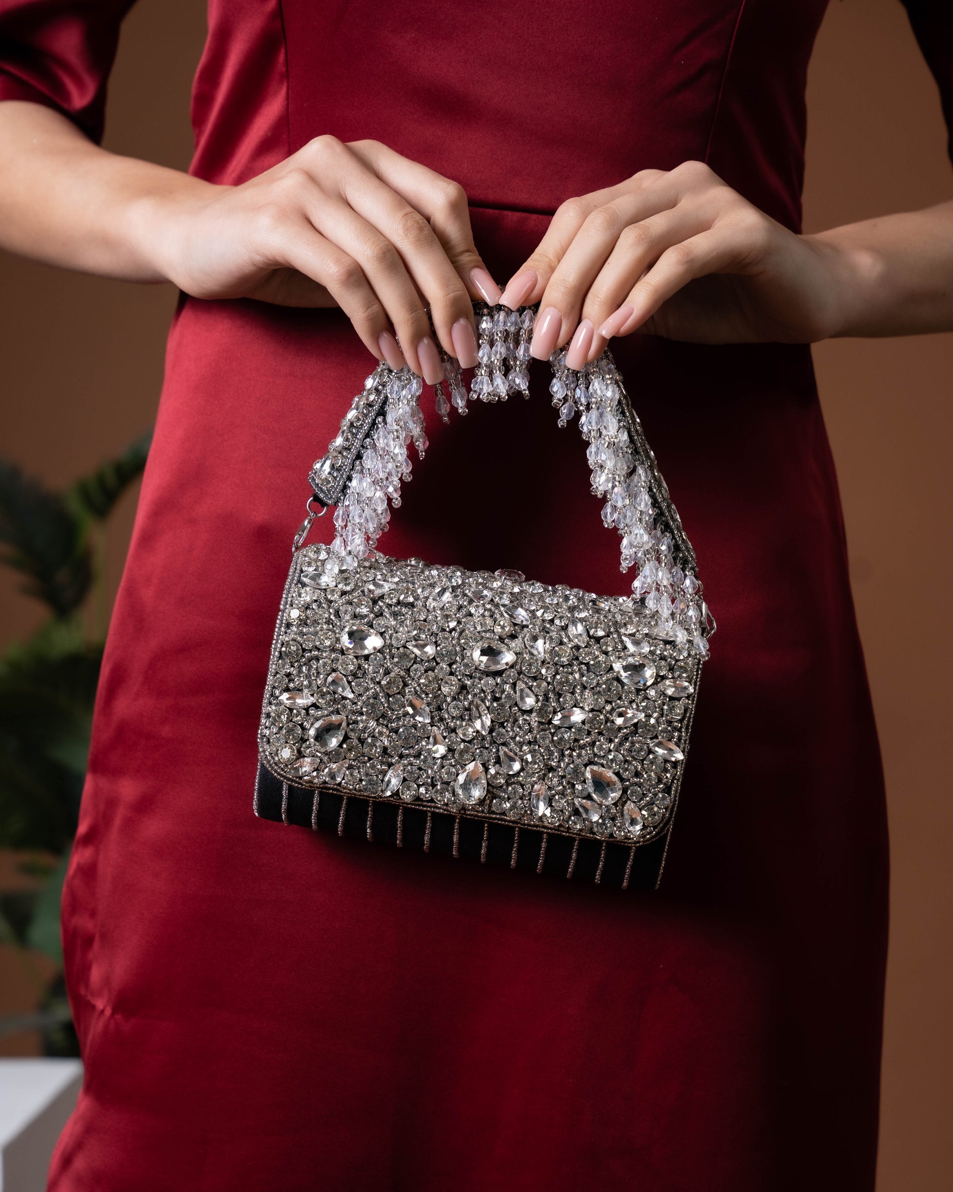 Velleso Black Avara Crystal Embellished Flap Over Bag