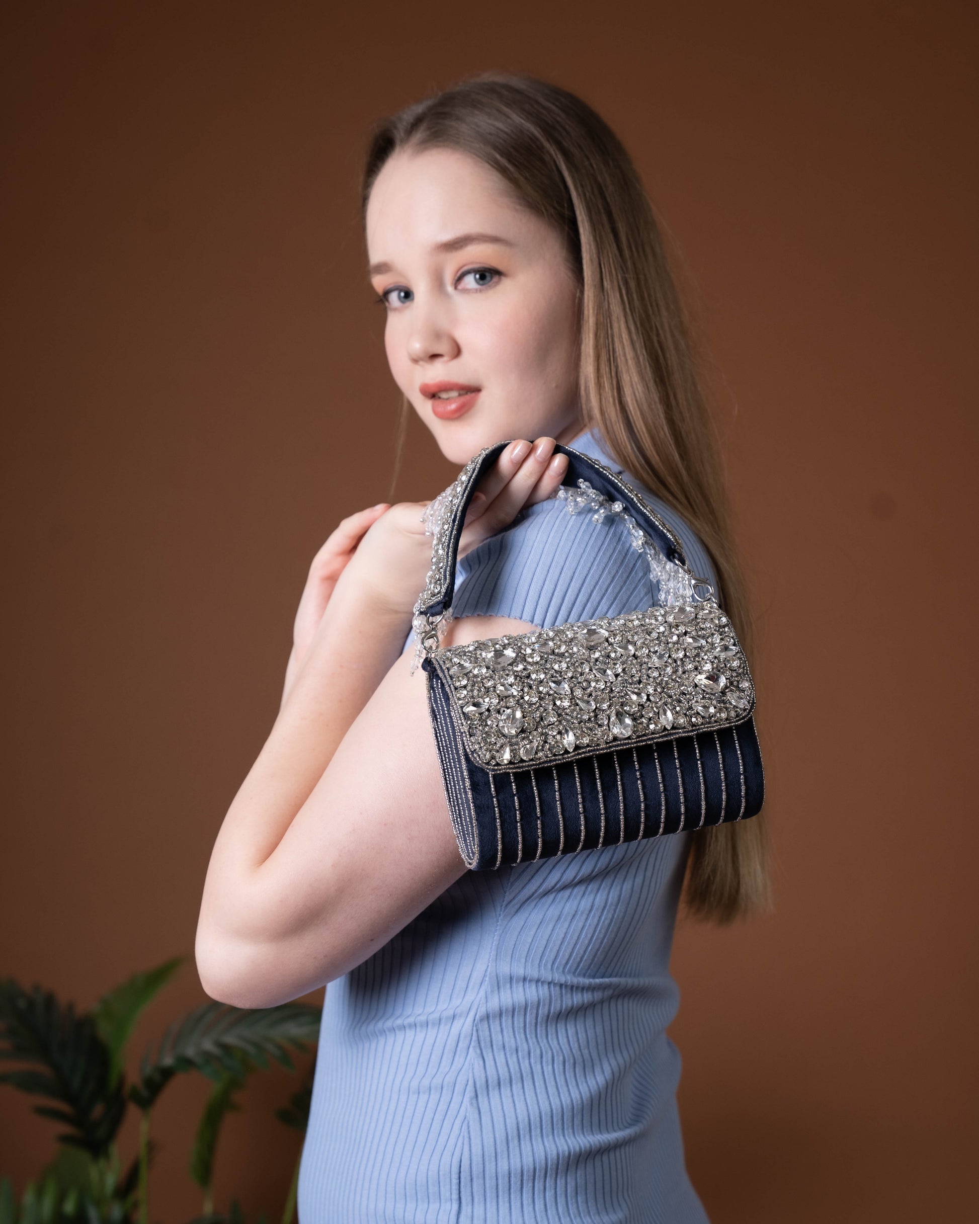 Velleso Blue Avara Crystal Embellished Flap Over Bag